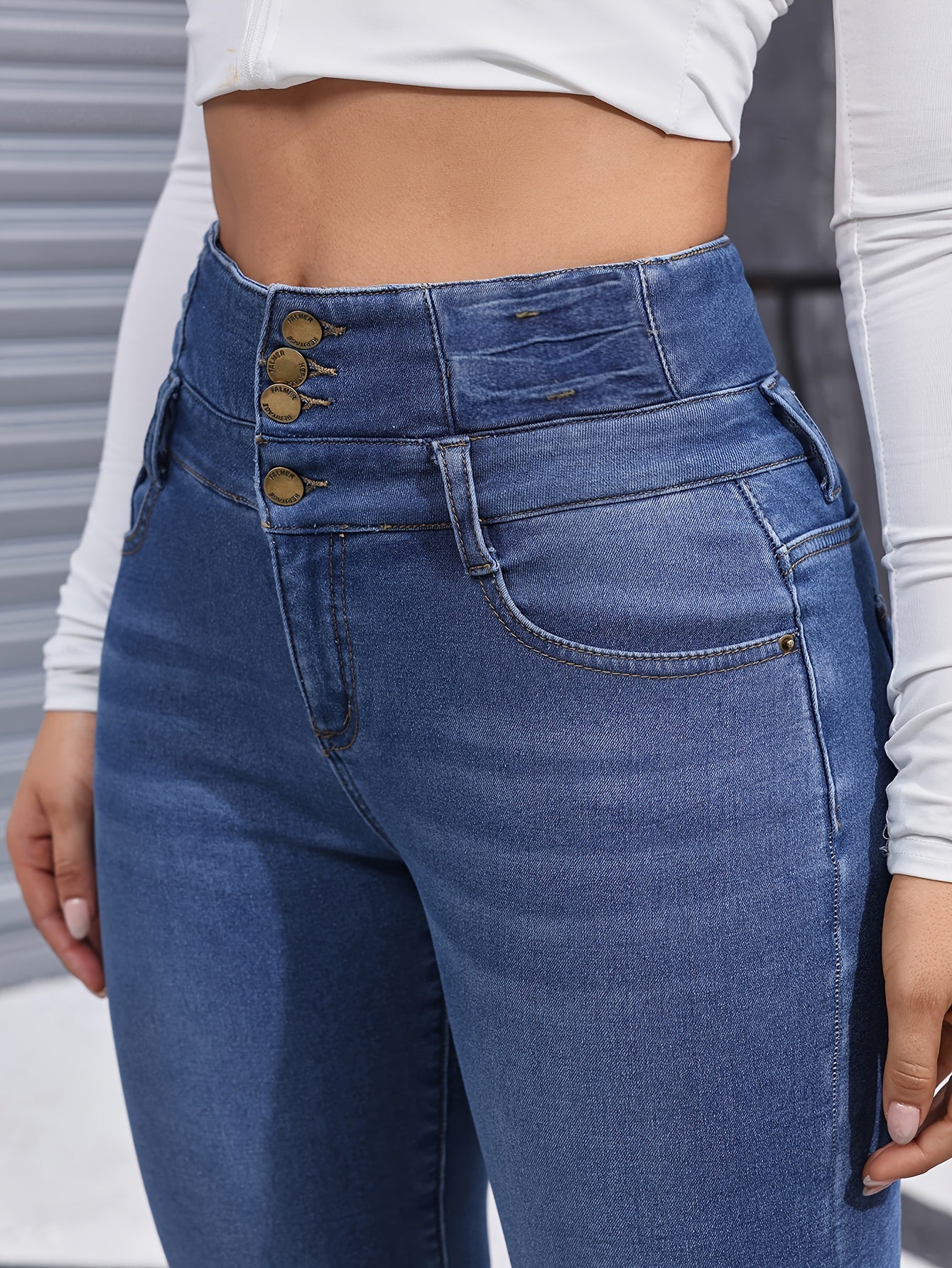 Single-breasted Skinny Fit Plush Lined Washed Blue Casual Style Thickened Denim Pants For Winter, Women's Denim Jeans & Clothing