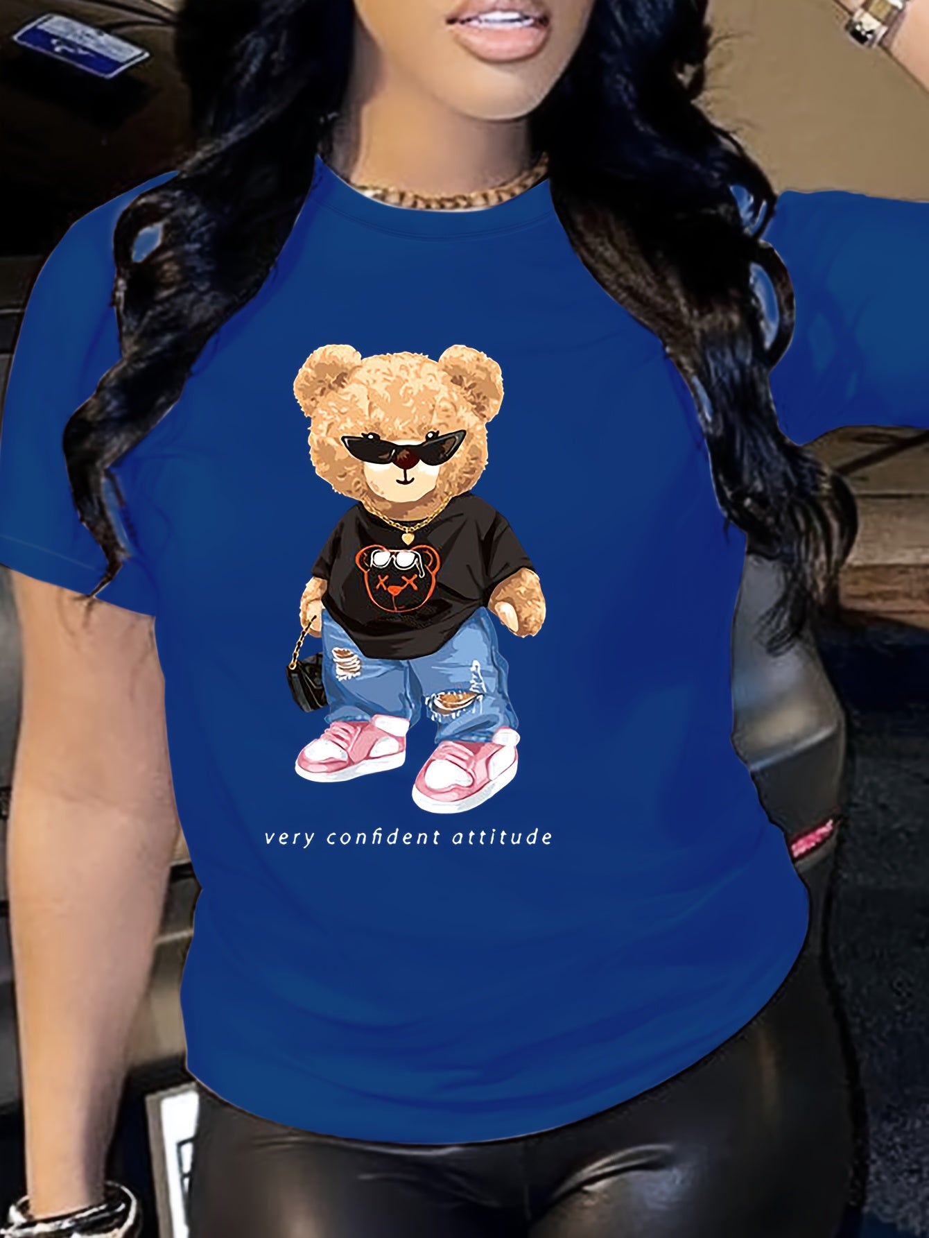 Cartoon Bear Print T-shirt, Short Sleeve Crew Neck Casual Top For Summer & Spring, Women's Clothing