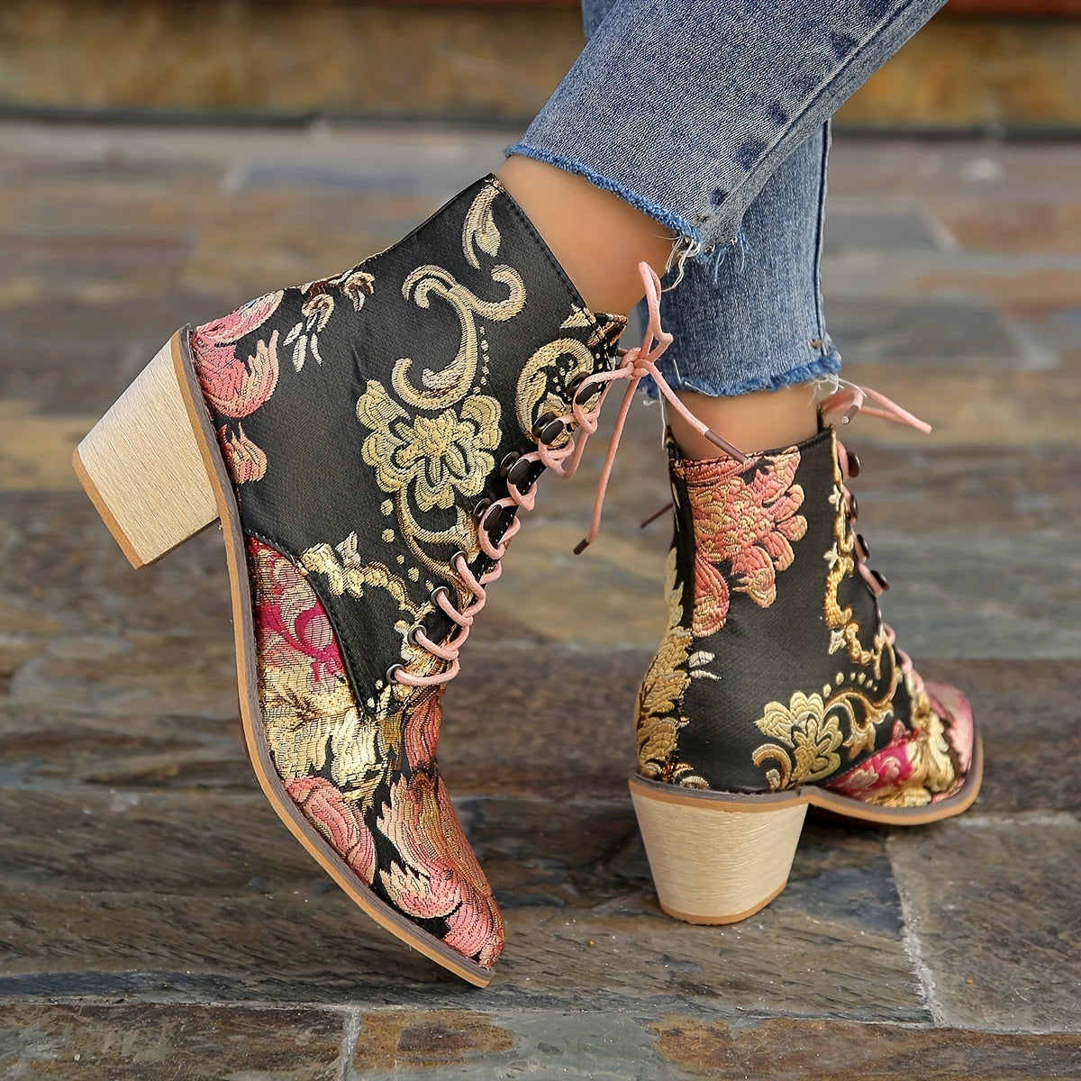 Women's Vintage Flower Boots, Lace Up Chunky Heel Western Cowboy Boots, Point Toe Stylish Chelsea Boots fall