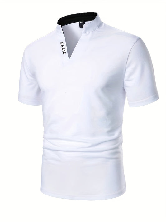 Men's Solid Band Collar Golf T-shirt, Slim Fit Business Casual Short Sleeve Tennis Tees