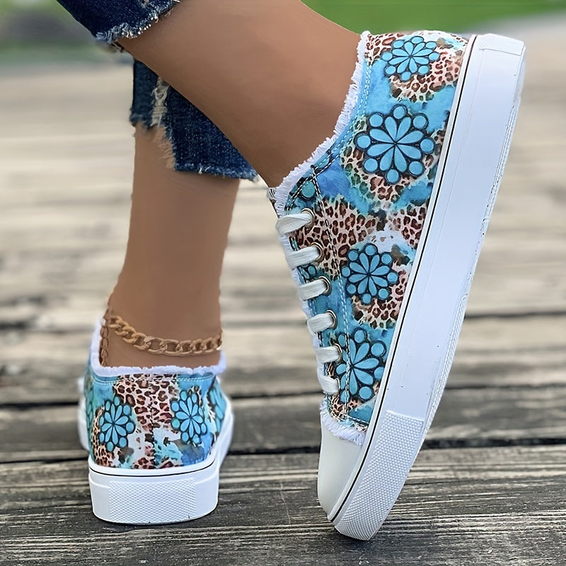 Women's Flower Print Canvas Sneakers, Raw Trim Lace Up Low Top Skate Shoes, Casual Round Toe Flats Shoes