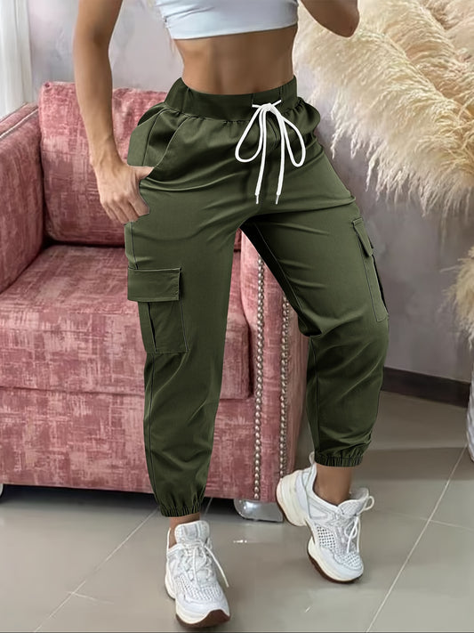 Women's Casual Cargo Pants with Drawstring - Solid Color Polyester Blend Comfort, Elastic Waist, Multiple Pockets, Fashion Utility Trousers for All Seasons