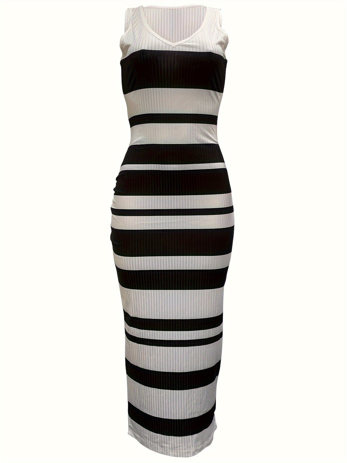 Striped Print V-neck Tank Dress, Sexy Sleeveless Bodycon Maxi Dress, Women's Clothing