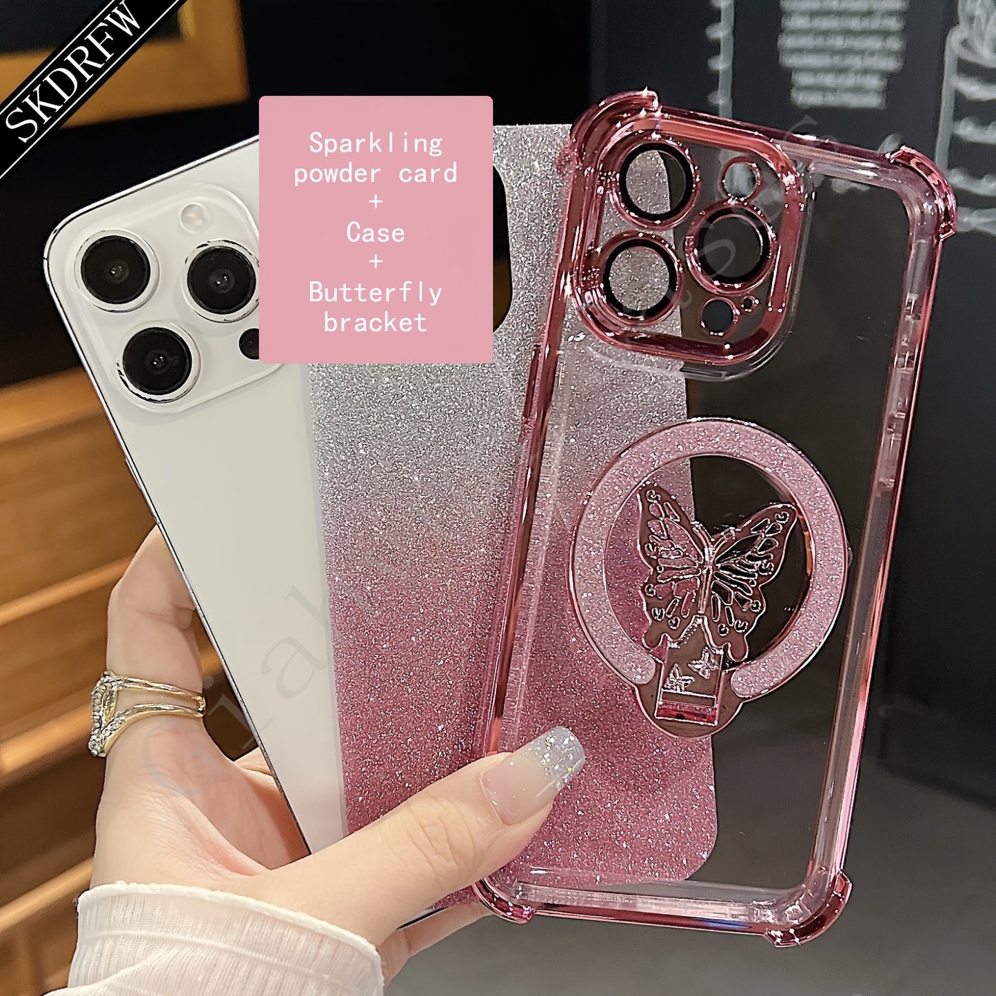 New Luxury Butterfly Glitter Bracket Super Strong Magnetic Ring with Lens Protection Film Transparent Electroplated Mobile Phone Case Suitable for Apple Mobile Phones for iPhone 16/16pro/16plus/16promax/15/15pro/15plus/15prom