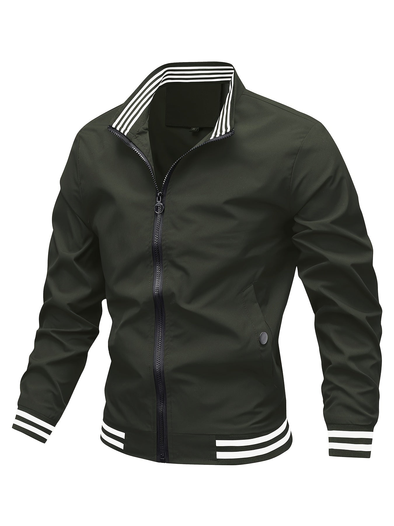 Men's Striped Jacket With Pockets, Casual Stand Collar Zip Up Long Sleeve Outwear For Outdoor