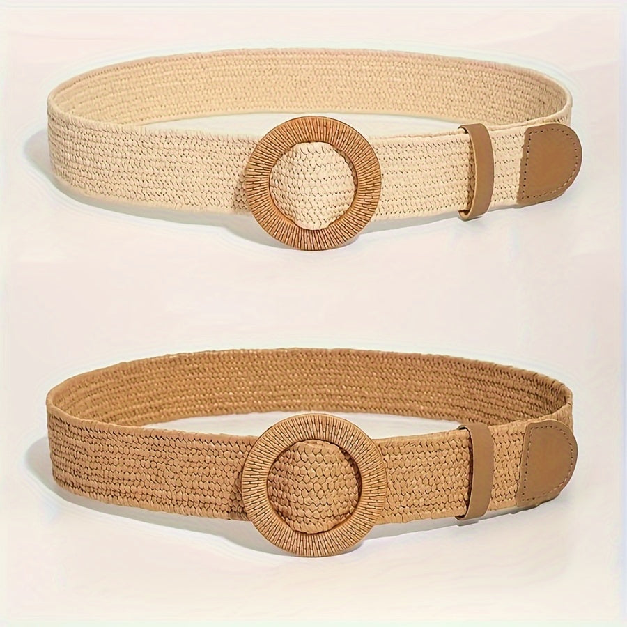 2pcs Boho Chic Brown Straw Wide Belts with Classic Round Buckle - Elegant Summer Beach Accessory for Women