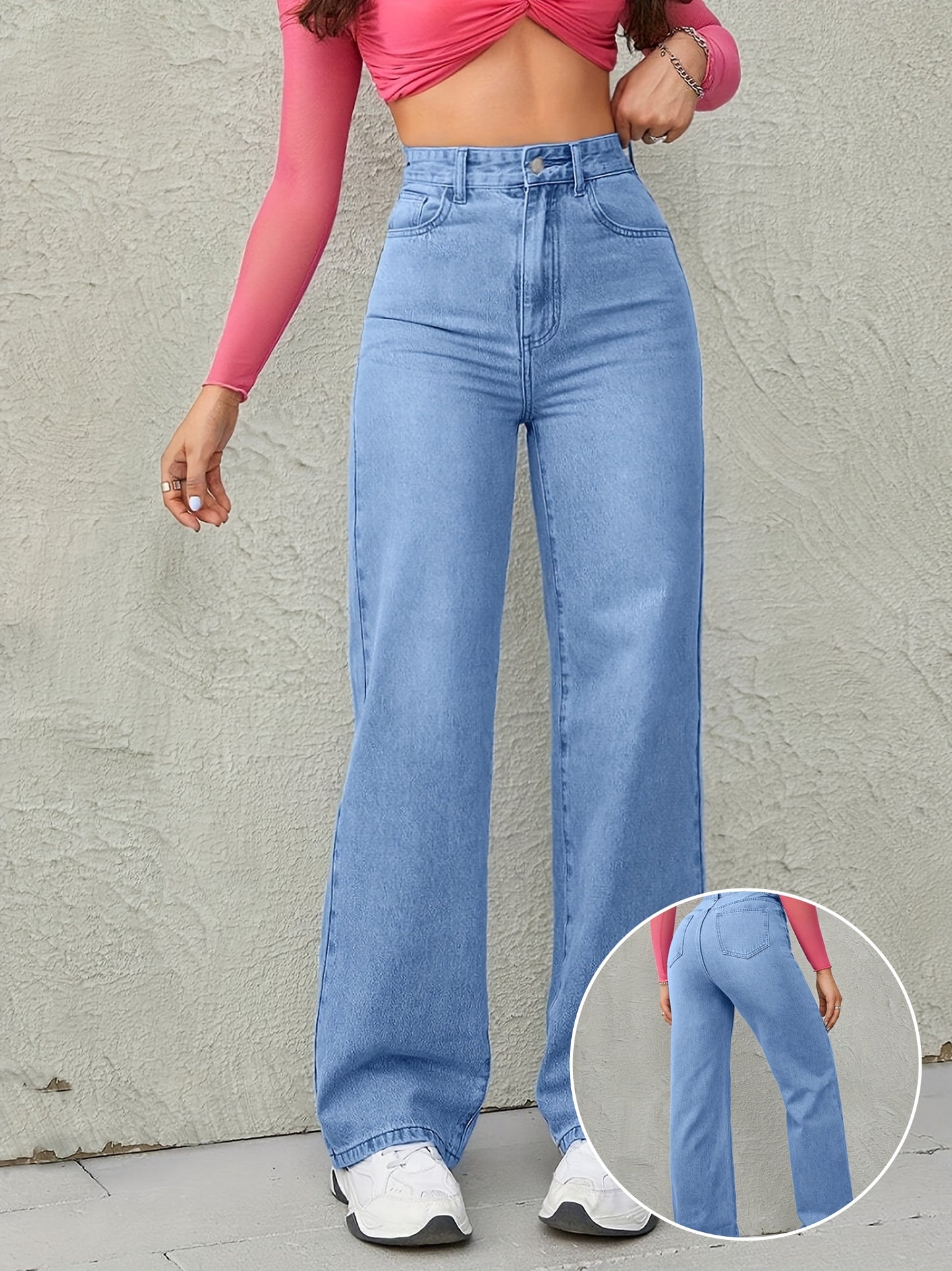 High waisted loose comfortable wide leg jeans blue light wash diagonal pockets medium stretch straight jeans