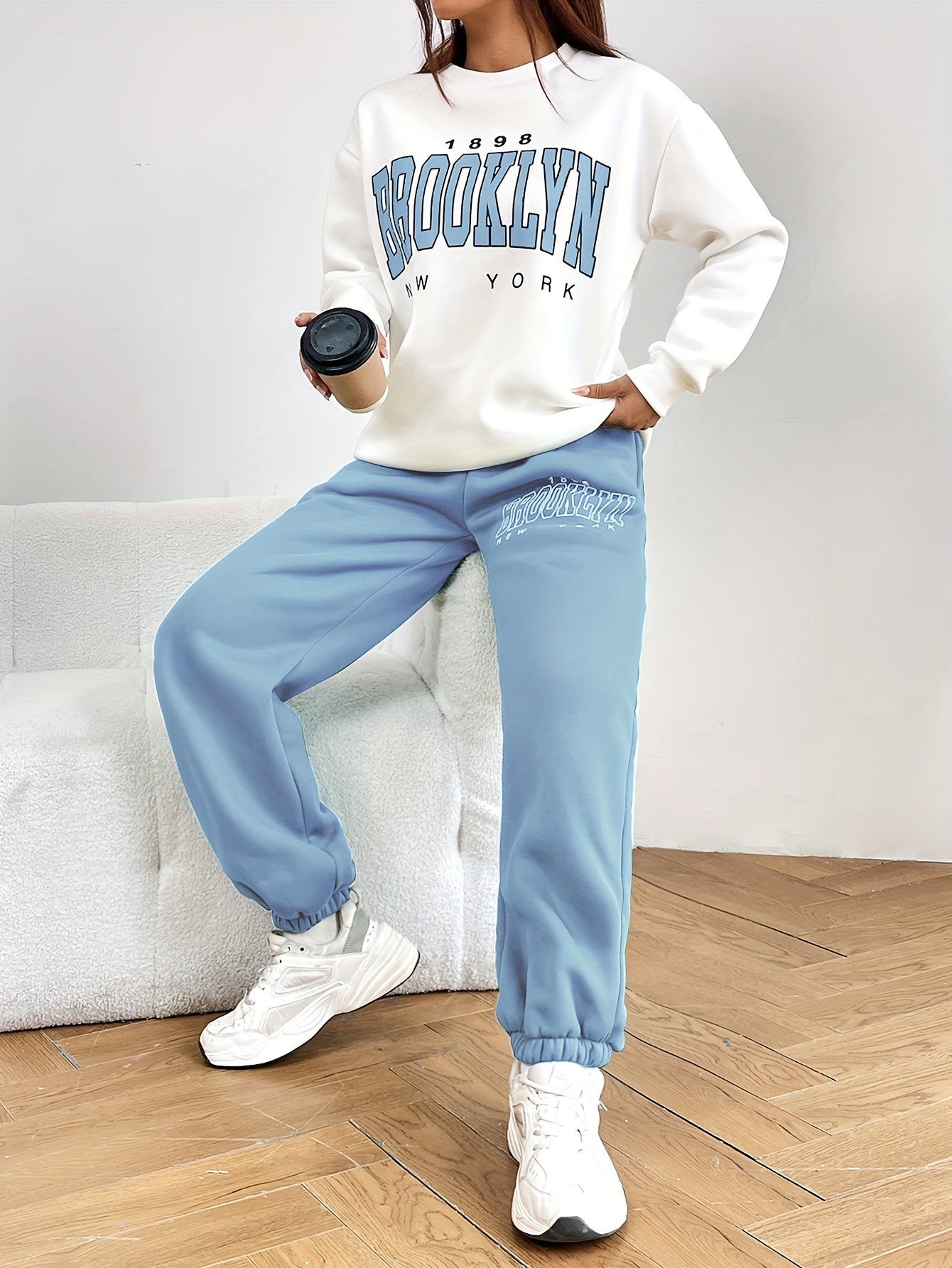 Letter Print Workout Two-piece Set, Crew Neck Long Sleeve Sweatshirt & Long Length Jogger Pants Outfits, Women's Clothing