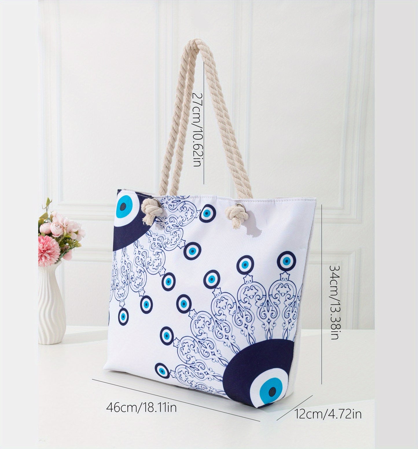 Beautiful Blue Deep Sea Printed Linen Fabric Tote Bag - Ethnic Style Large Capacity Canvas Bag for Women