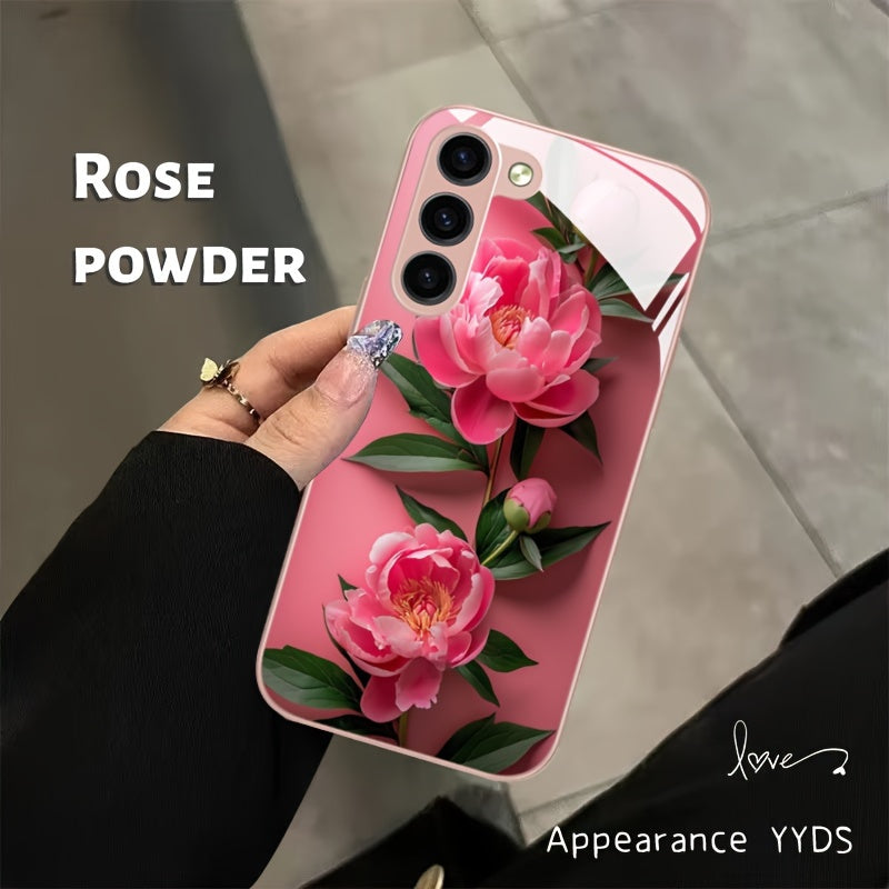 Pink Flower Glass Phone Case For SamSung For Galaxy Series - S24/S24 Plus/S24 Ultra, S23/S23 Plus/S23 Ultra, S22/S22 Plus/S22 Ultra, S21/S21 Plus/S21 Ultra/S21 FE, S20/S20 Plus/S20 Ultra, A03/A04, A13/A14/A22/A23/A25, A32/A33