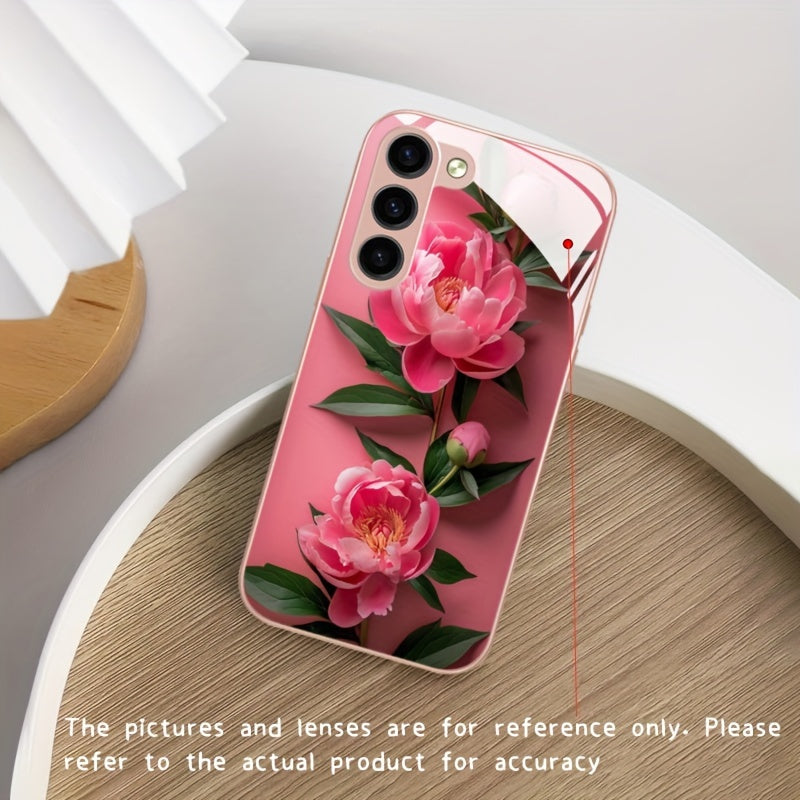 Pink Flower Glass Phone Case For SamSung For Galaxy Series - S24/S24 Plus/S24 Ultra, S23/S23 Plus/S23 Ultra, S22/S22 Plus/S22 Ultra, S21/S21 Plus/S21 Ultra/S21 FE, S20/S20 Plus/S20 Ultra, A03/A04, A13/A14/A22/A23/A25, A32/A33