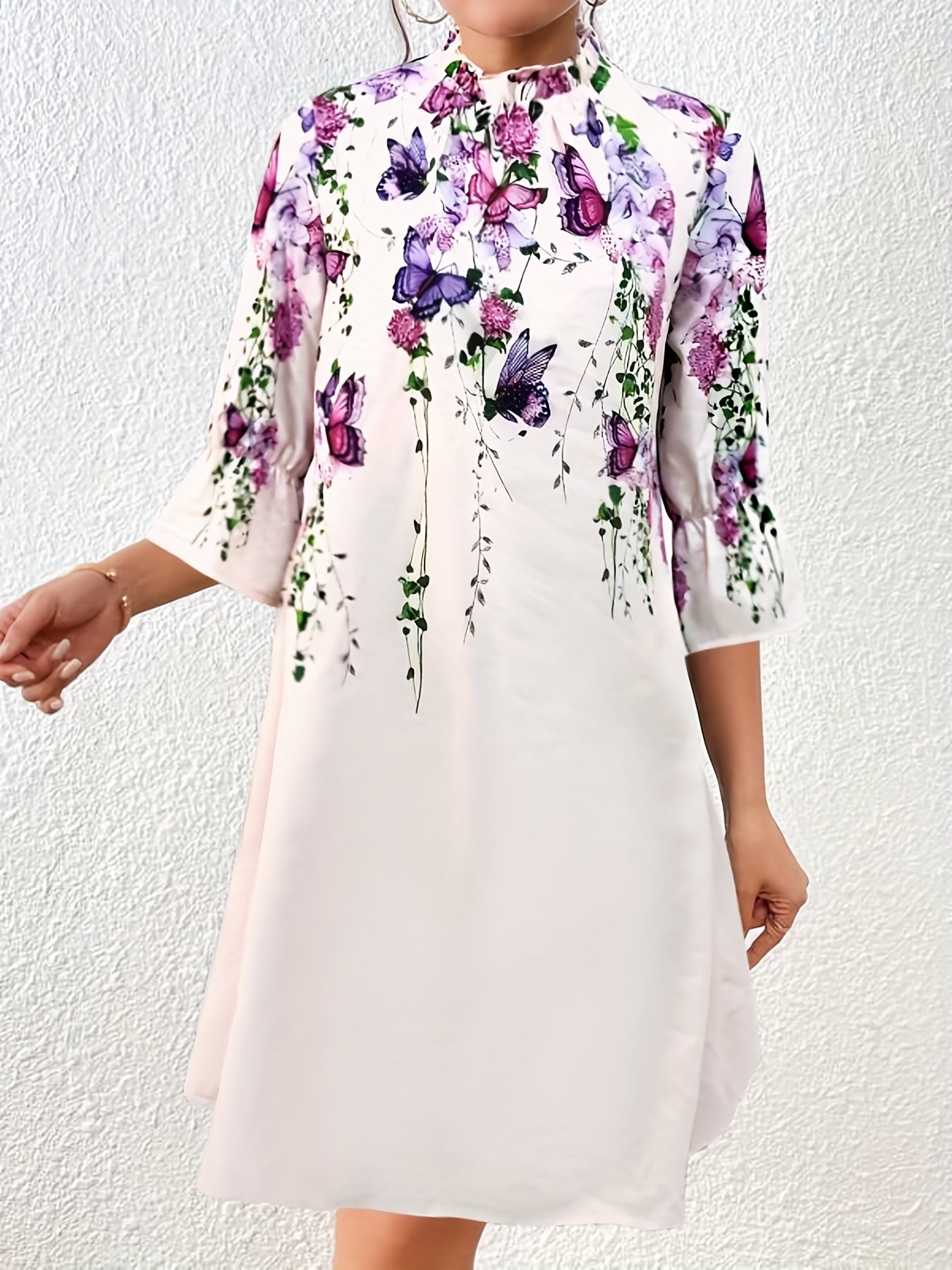 Floral & Butterfly Print Dress, Casual Three-quarter Sleeve Dress, Women's Clothing