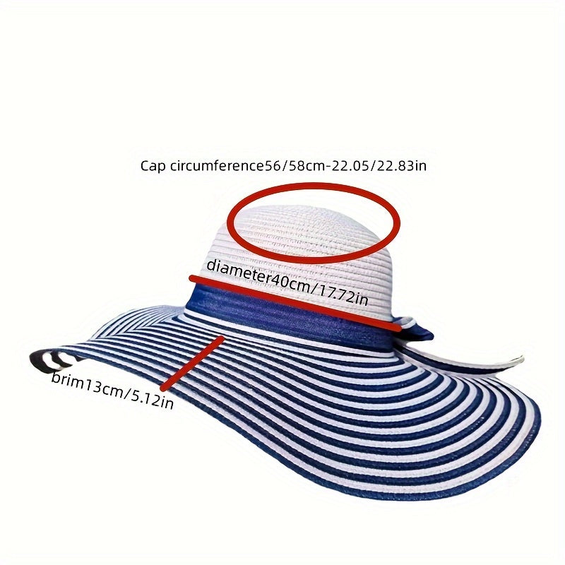 Classic Striped Bowknot Straw Hat Blue & White Wide Brim Hats Elegant Foldable Floppy Sun Hats Outdoor UV Protection Beach Hats For Women