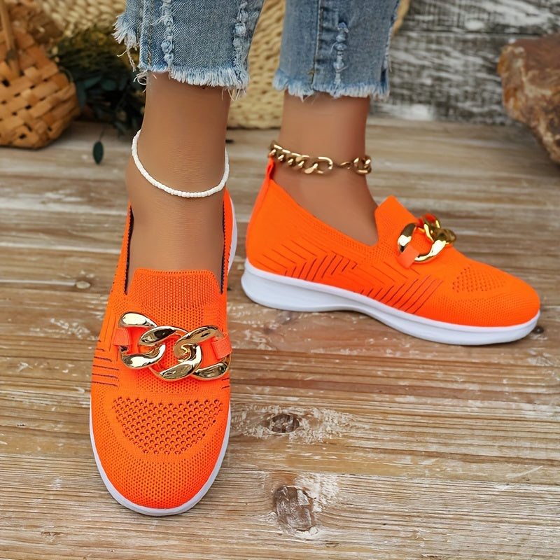 Women's Buckle Decor Sock Sneakers, Stylish Breathable Knitted Slip On Trainers, Comfy Outdoor Walking Shoes