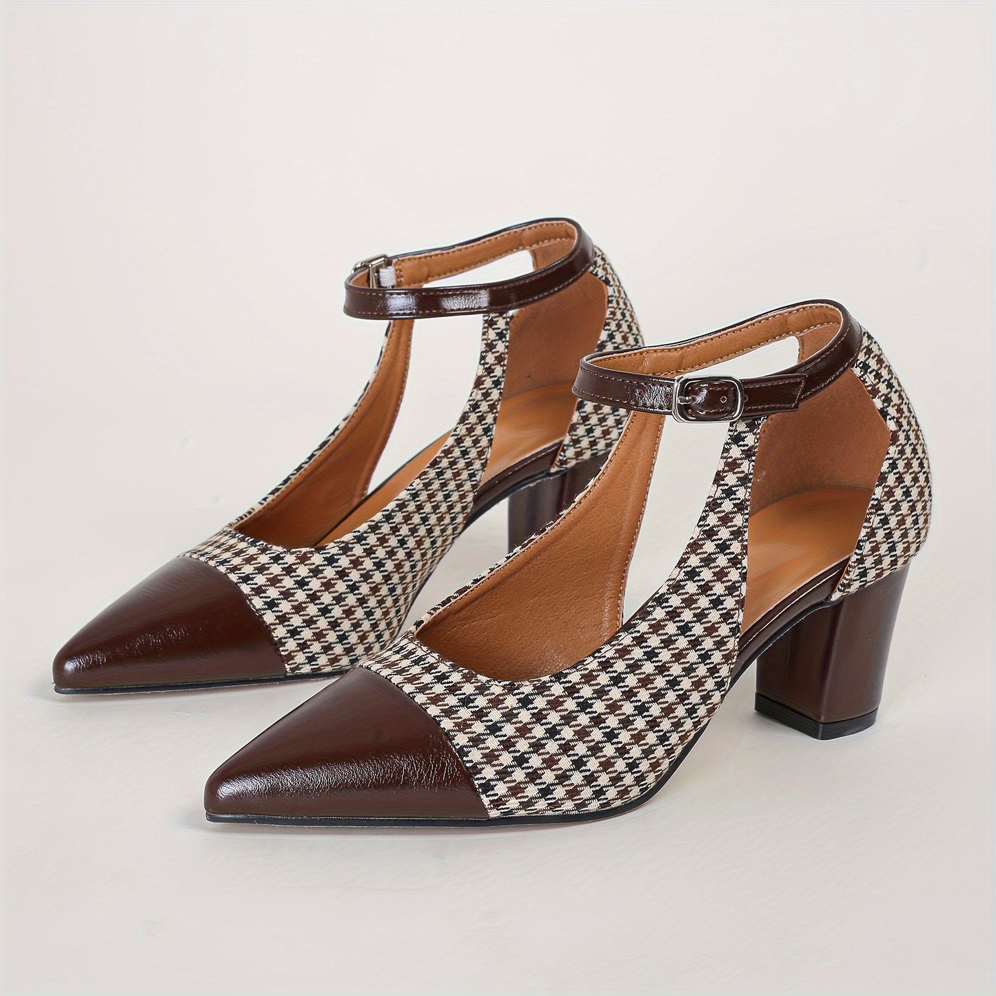 Women's Houndstooth Pattern Shoes, Ankle Buckle Strap Chunky Heel Soft Sole Shoes, Elegant Point Toe Dress Shoes