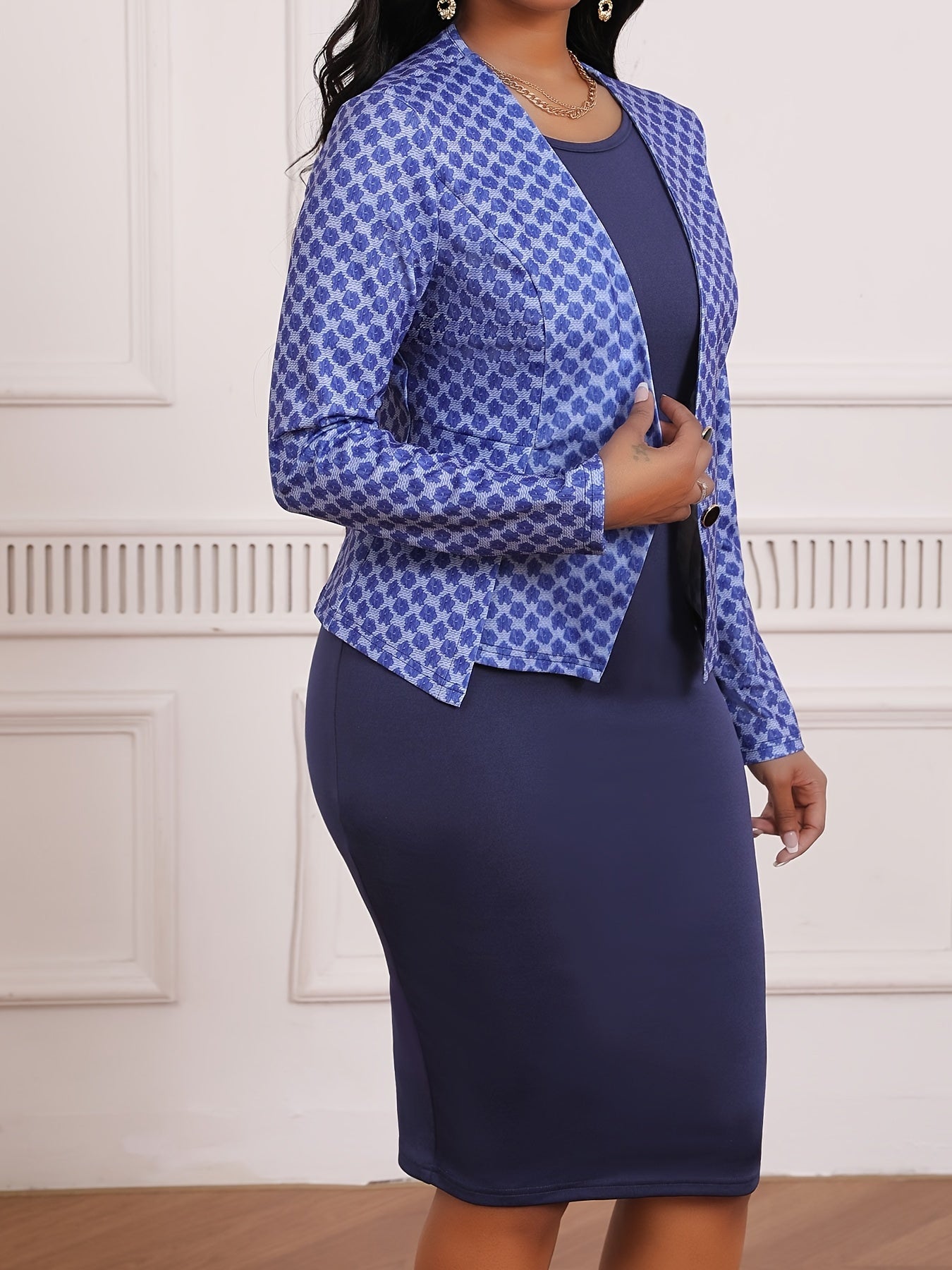 Elegant Polyester Spandex Knit Two-Piece Dress Suit for Women, Crew Neck Long Sleeve Blazer with Button Detail and All-Over Print, Regular Fit Pencil Skirt Set, Medium Stretch Fabric - WJ212