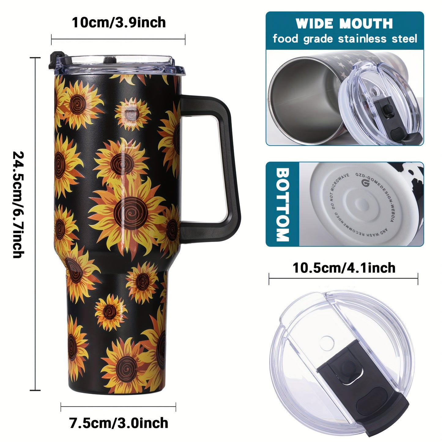 Gome Sunflower 40 oz Tumbler with Handle - Stainless Steel Cup with Straw - Insulated Coffee Mug with Lid - Sunflower Birthday Gifts for Women - Hand Wash Only