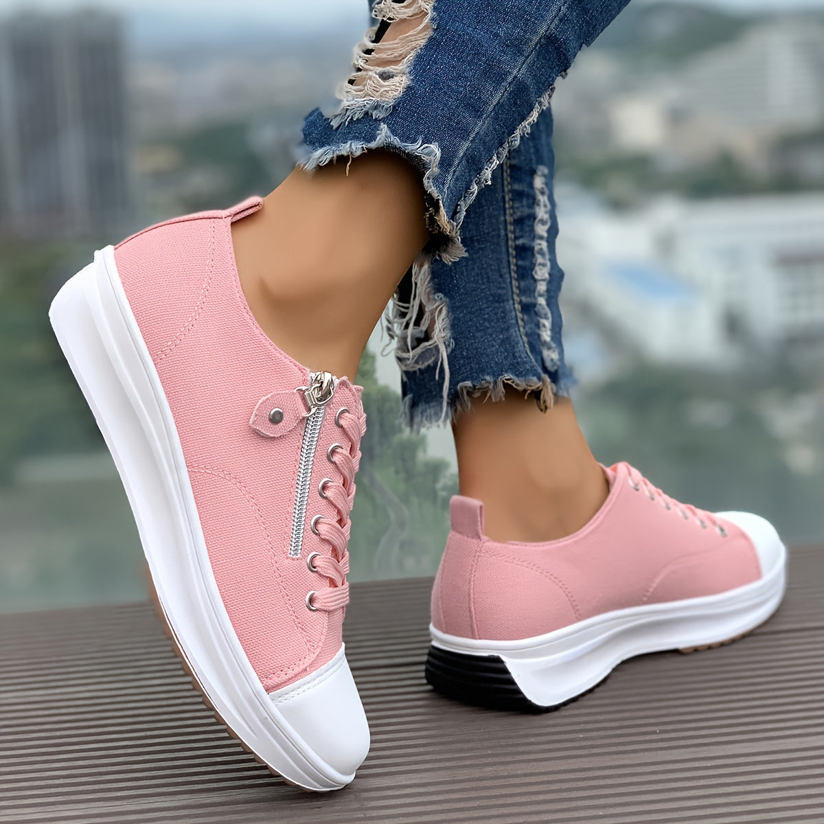 Women's Canvas Sneakers, Side Zipper Design Lace Up Low Top Sports Shoes, Casual Wedge Walking Shoes