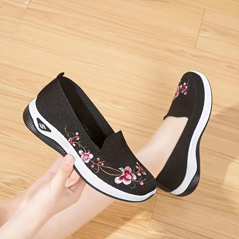 Women's Floral Embroidered Flats, Soft Sole Platform Slip On Walking Shoes, Low-top Breathable Daily Footwear