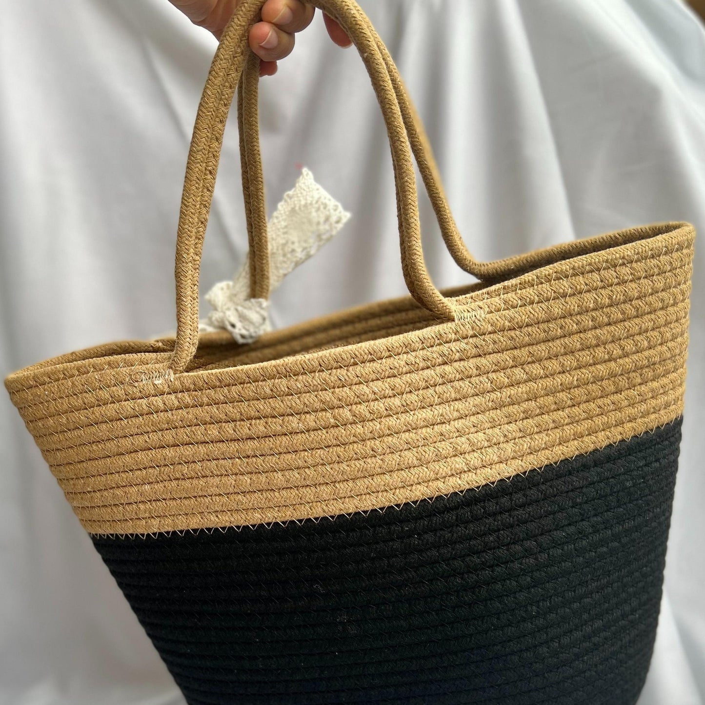 Elegant Striped Cotton Tote Bag for Women - Fashionable Beach & Commuter Shoulder Handbag with Bow Detail, Large Capacity