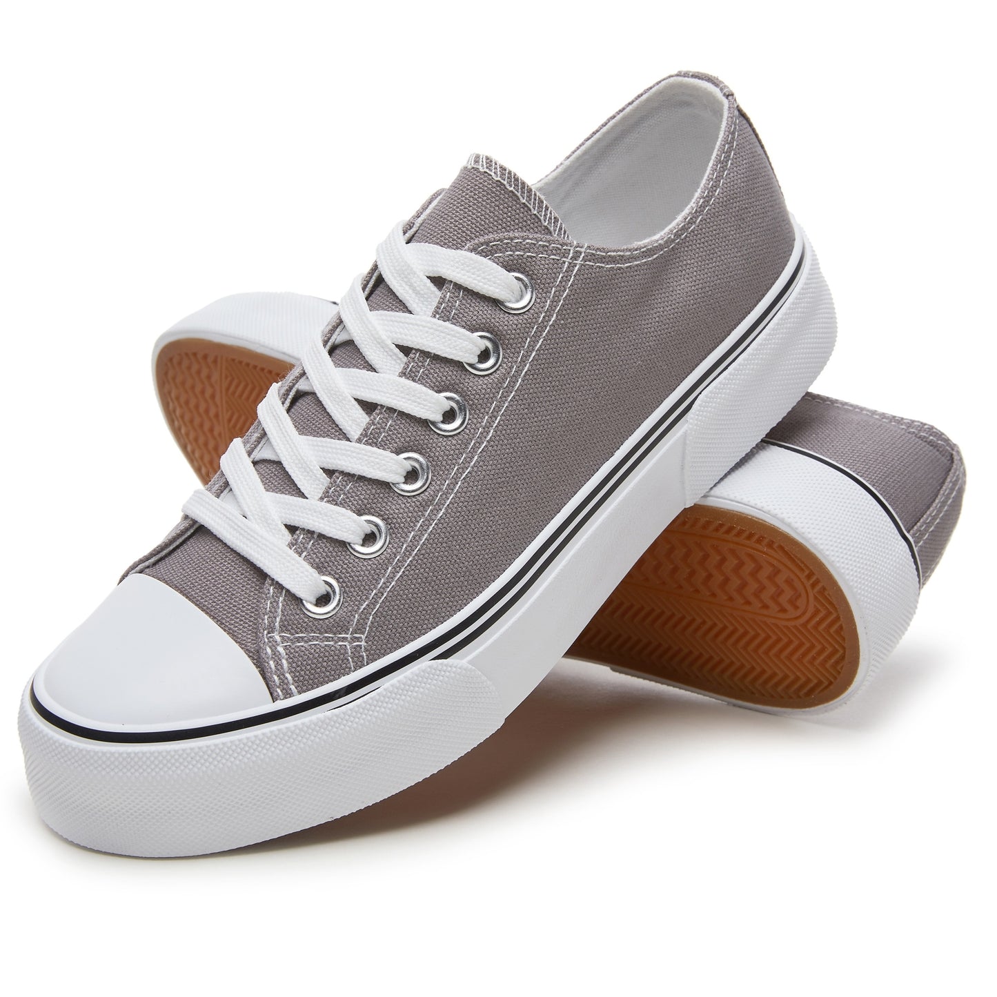 Women's Casual Fashion Sneakers - Lightweight Solid Color Canvas Shoes with Rubber Toe, Low Top Lace-up Closure, Plain Toe Design, Durable Rubber Sole, Comfortable Canvas Insole & Lining - Versatile All-Season Footwear