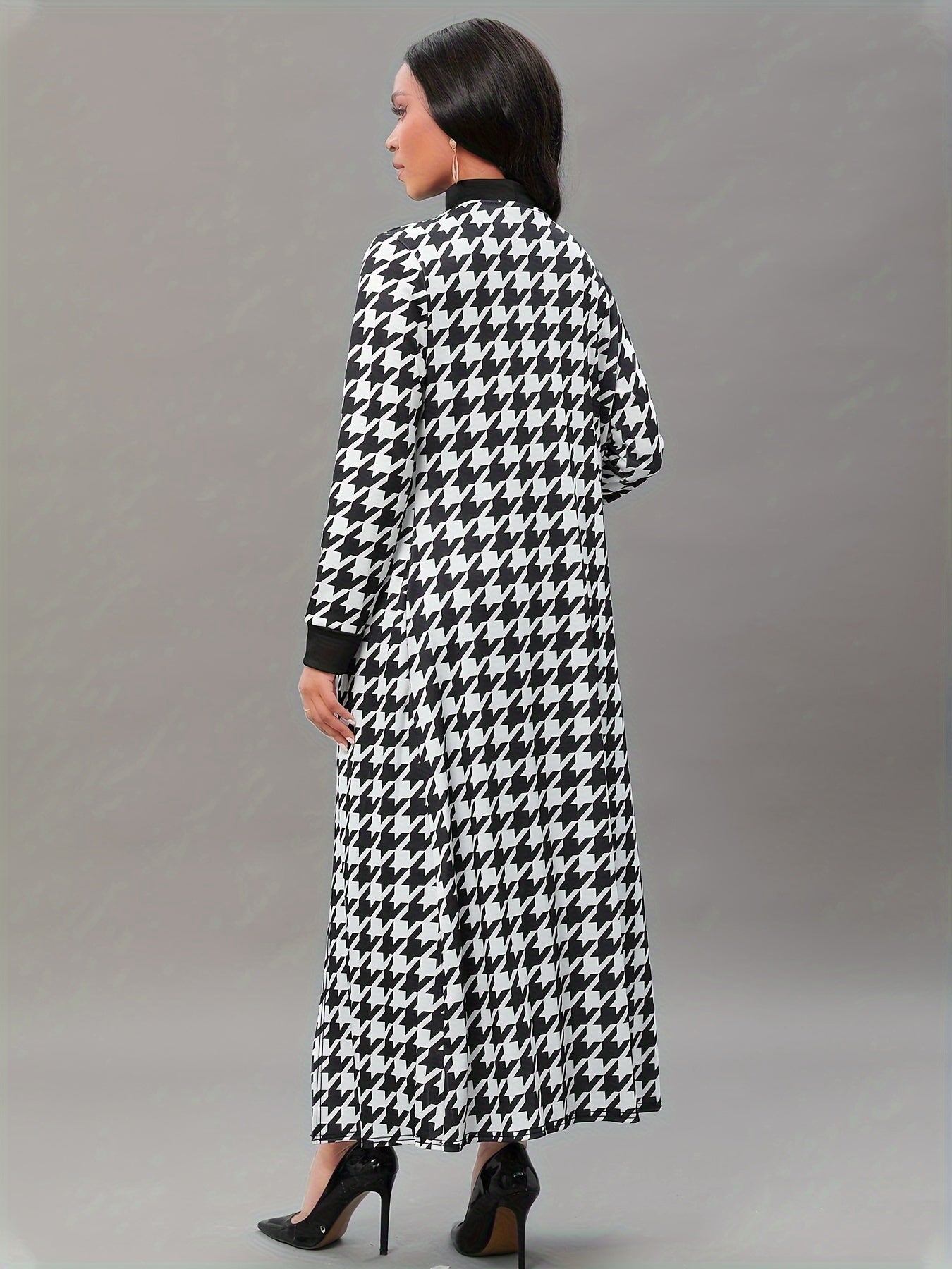 Elegant Two-piece Set, Solid Midi Dress & Houndstooth Print Open Front Cardigan Outfits, Women's Clothing