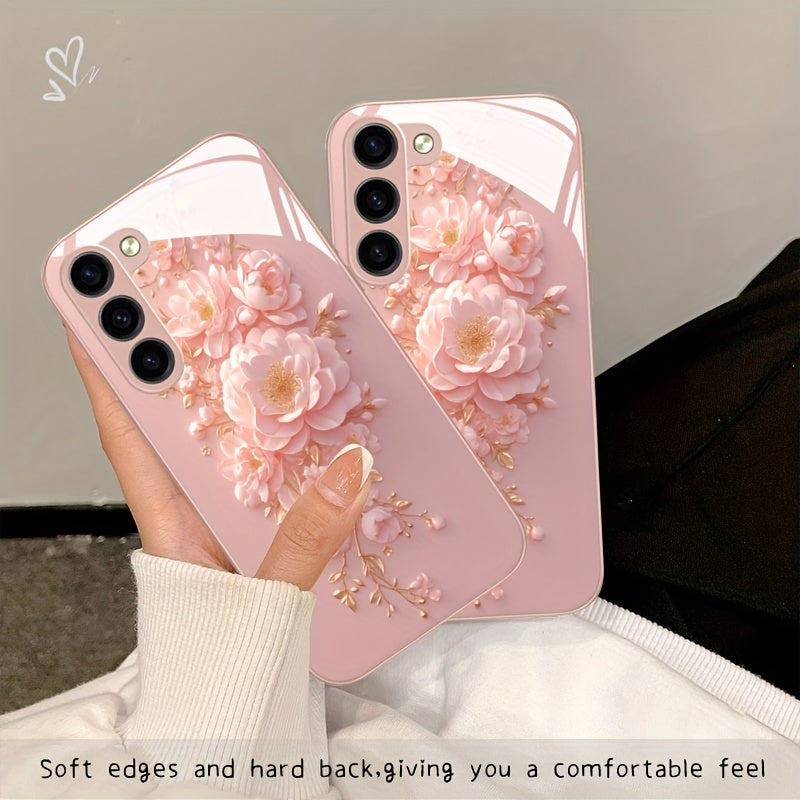 Pink Flower Glass Phone Case For SamSung For Galaxy Series - Compatible with s24/s24 plus/s24 ultra, s23/s23 plus/s23 ultra, s22/s22 plus/s22 ultra, s21/s21 plus/s21 ultra/s21 fe, s20/s20 plus/s20 ultra, A 03/a 04/a 13/a 14/a