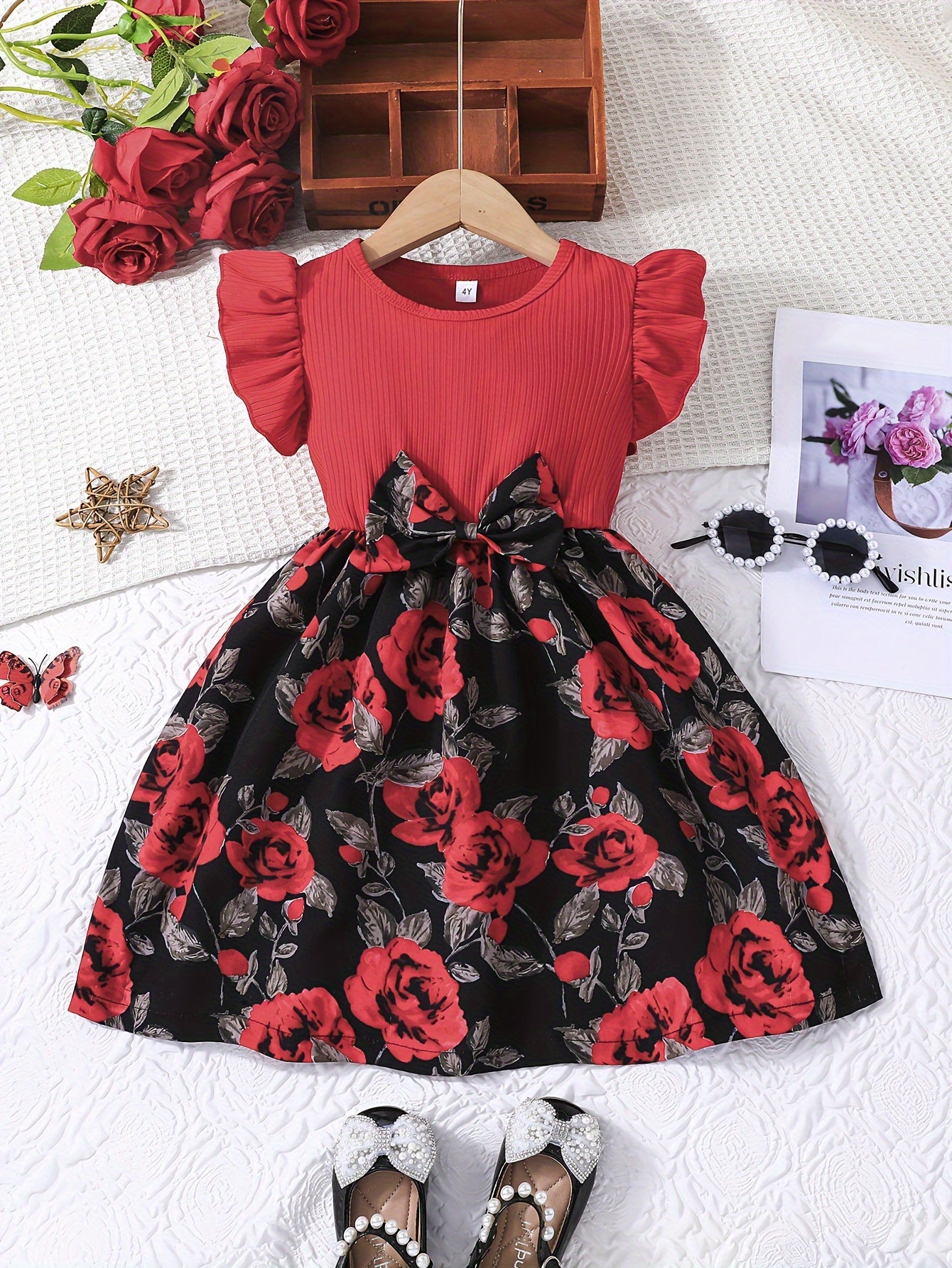 Elegant Rose Spliced Print Ruffle Sleeveless Dress For Girls, Bow Waist Color Spliced Casual Dresses, Gift