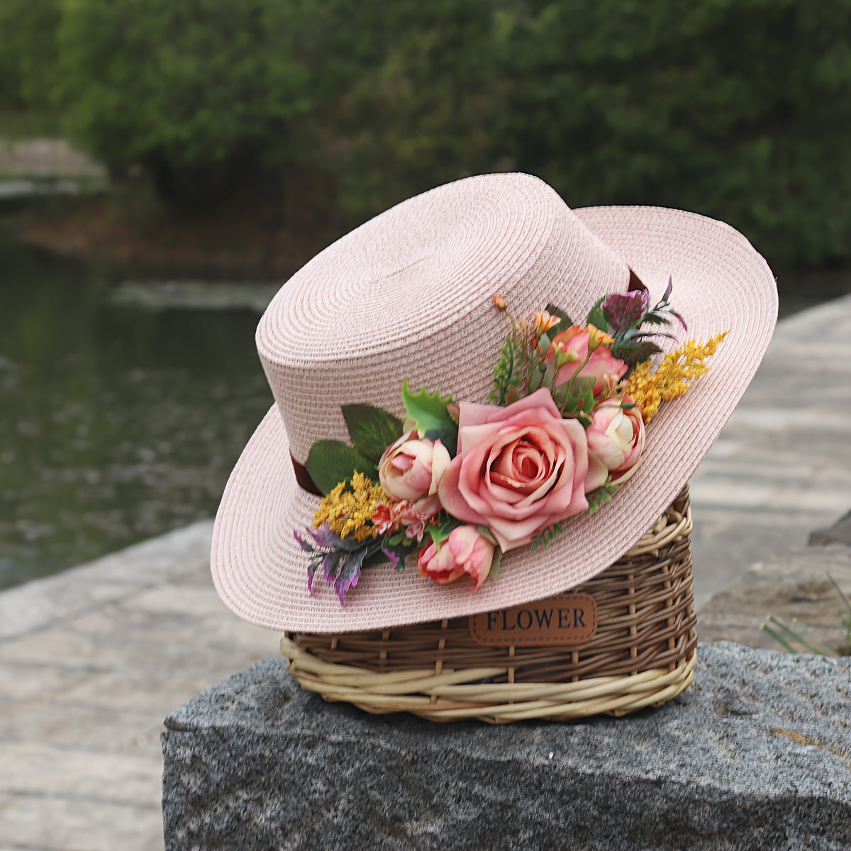 Handmade Flower Straw Hat Solid Color Elegant Beach Sunscreen Hat Small Top Hats Easter For Women