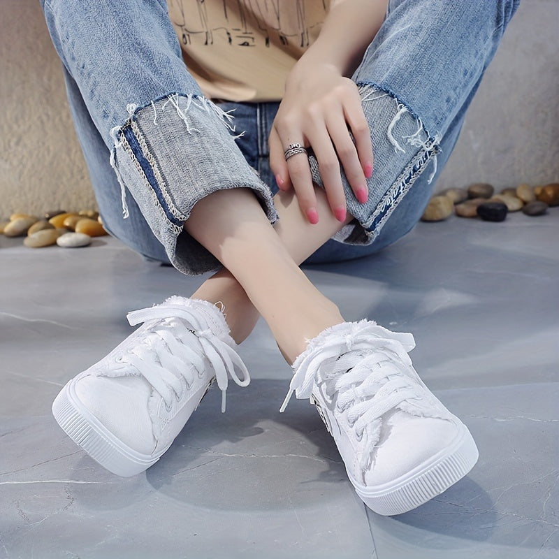 Women's Letter Patched Raw Trim Mules Sneakers, Lace Up Platform Canvas Shoes, Fashion Half Slippers