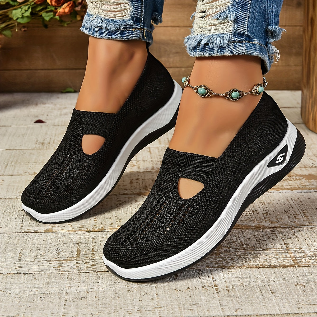 Women's Cut-out Sneakers, Casual Breathable Slip On Walking Shoes, Lightweight Outdoor Flat Shoes