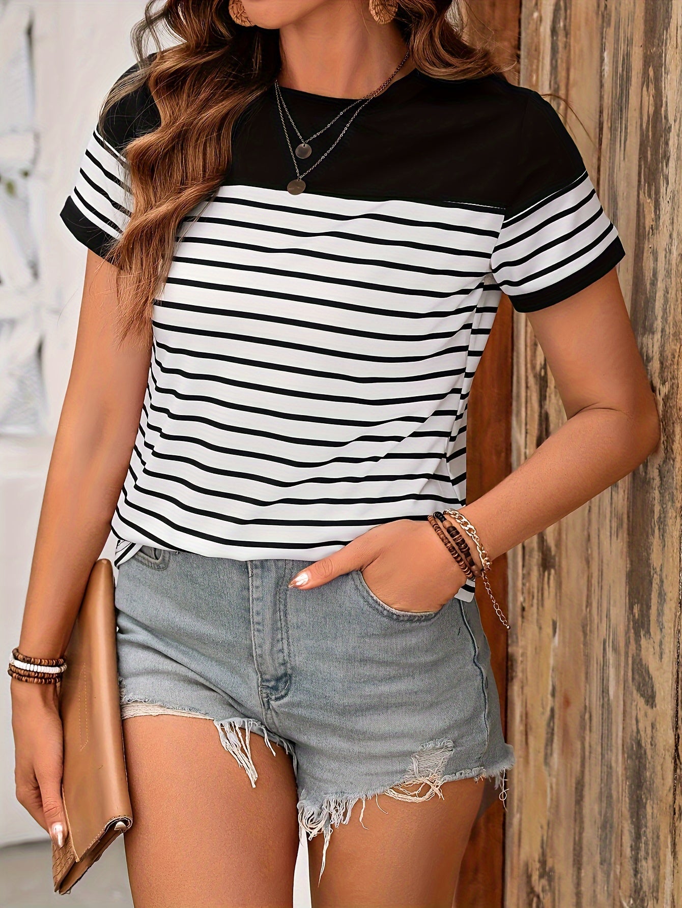 Striped Crew Neck T-shirt, Casual Short Sleeve Top For Summer, Women's Clothing