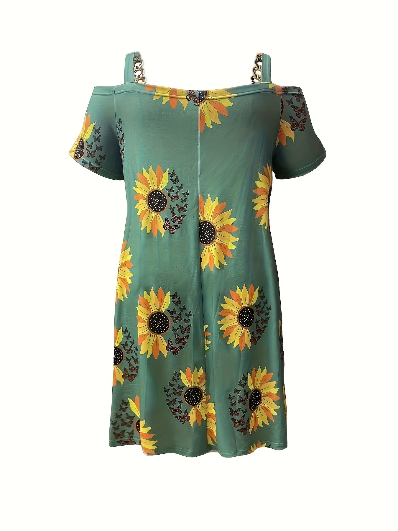 Plus Size Sunflower Print Cold Shoulder Dress, Casual Chain Detail Short Sleeve Dress For Spring & Summer, Women's Plus Size Clothing