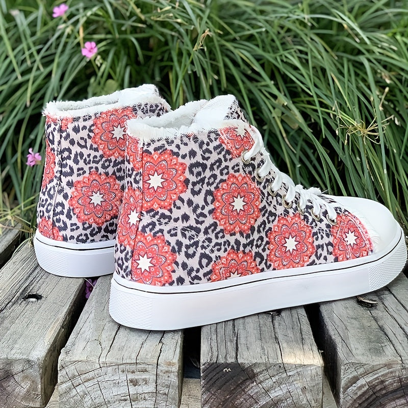 Women's High Top Canvas Sneakers, Floral & Leopard Print Lace Up Skate Shoes, Casual Flat Walking Shoes