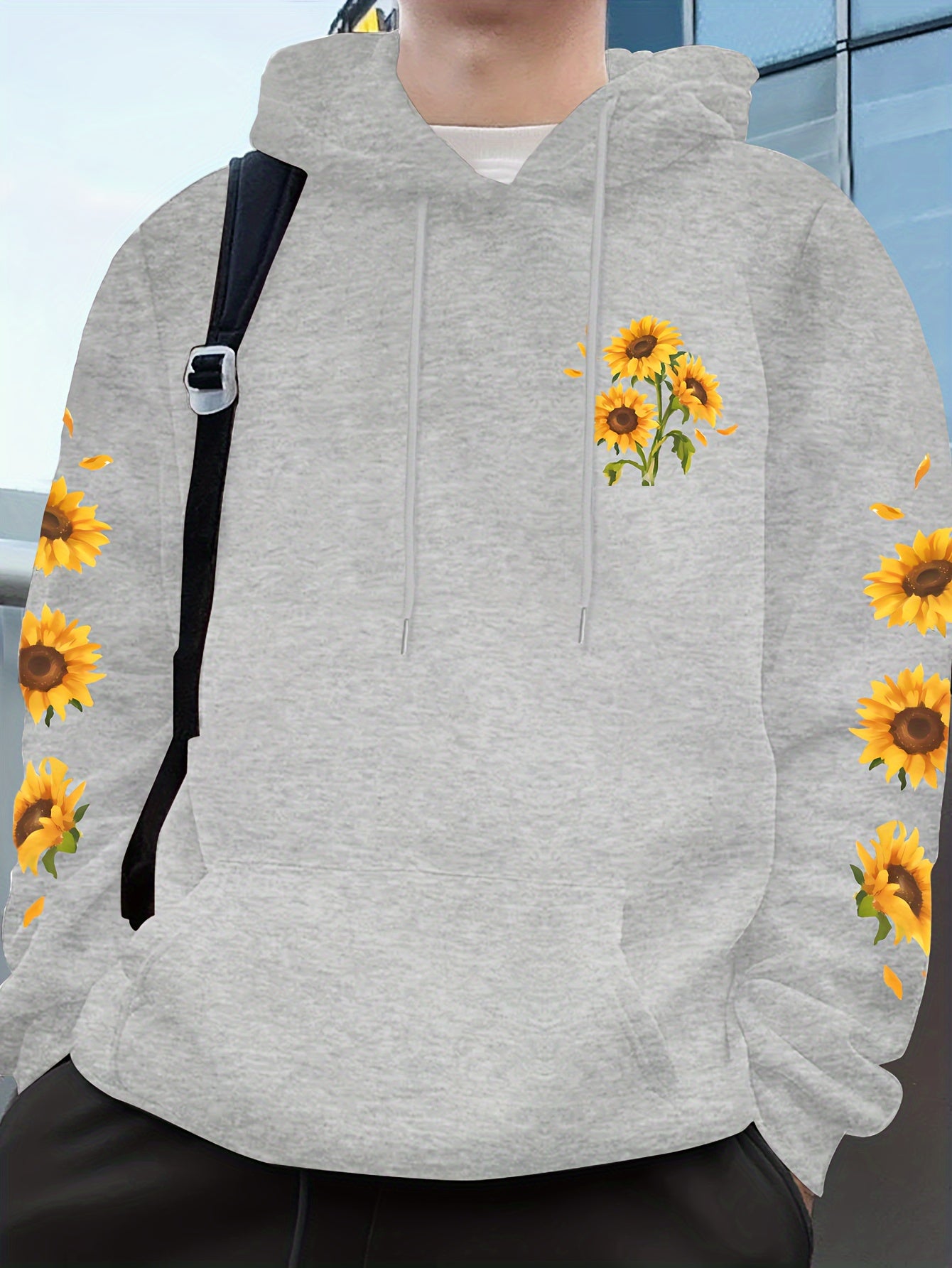 Sunflower Print Men's Pullover Round Neck Hoodies With Kangaroo Pocket Long Sleeve Hooded Sweatshirt Loose Casual Top For Autumn Winter Men's Clothing As Gifts