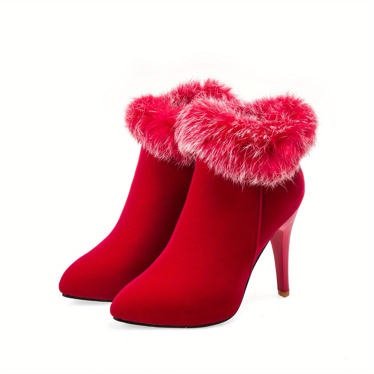 Women's Fluffy Stiletto Ankle Boots, Sexy Plush Lined Thermal Thin High Heels, Christmas Style Side Zipper Short Boots