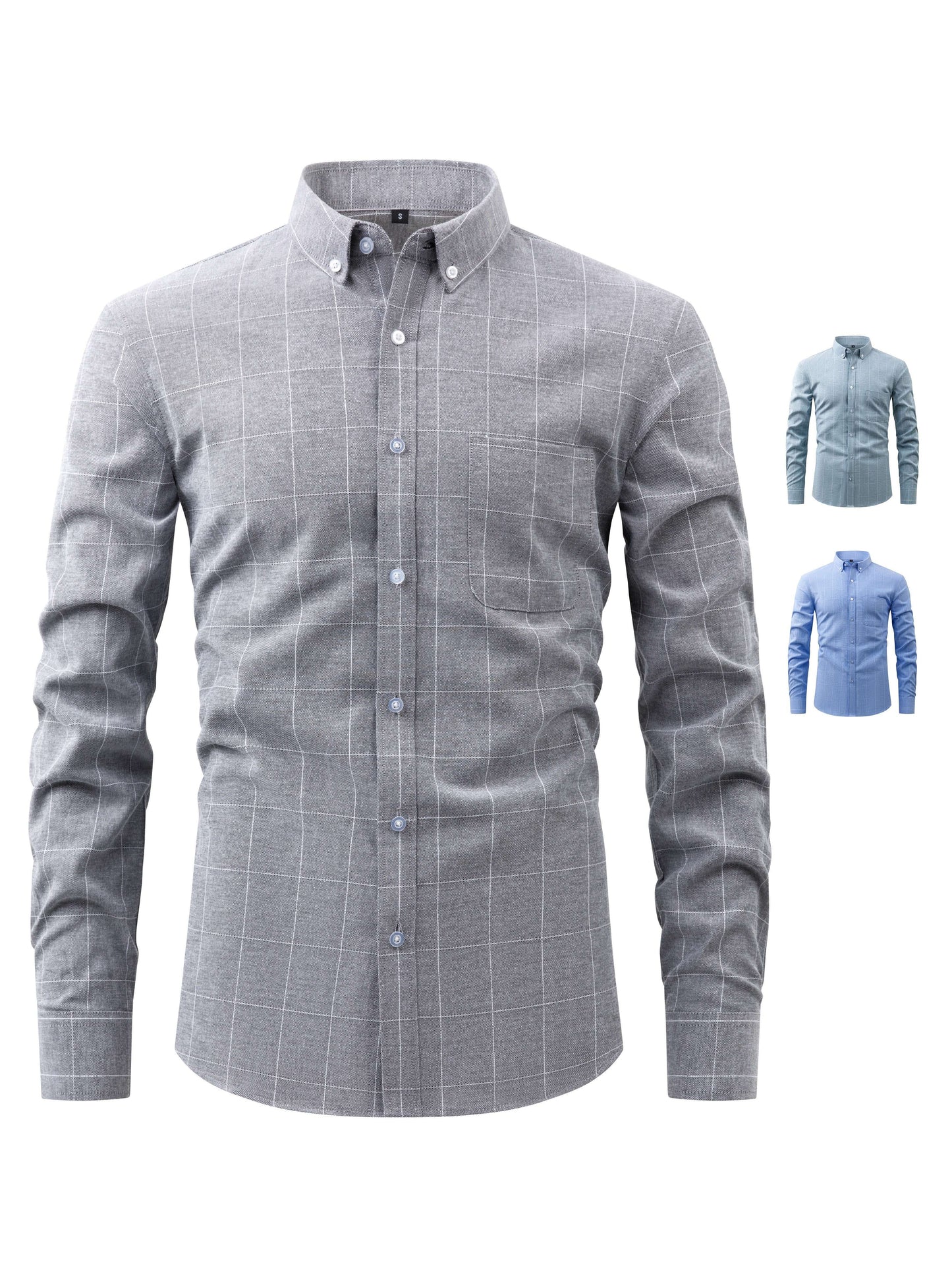 Men's Cotton Blend Grid Checked Long Sleeve Shirt For Spring And Fall, Casual Business Versatile Shirt Formal Wear