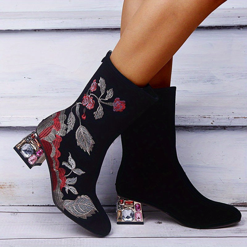 Women's Floral Embroidered Short Boots, Elegant Rhinestone Chunky Mid Heeled Boots, Fashion Baci Zipper Boots