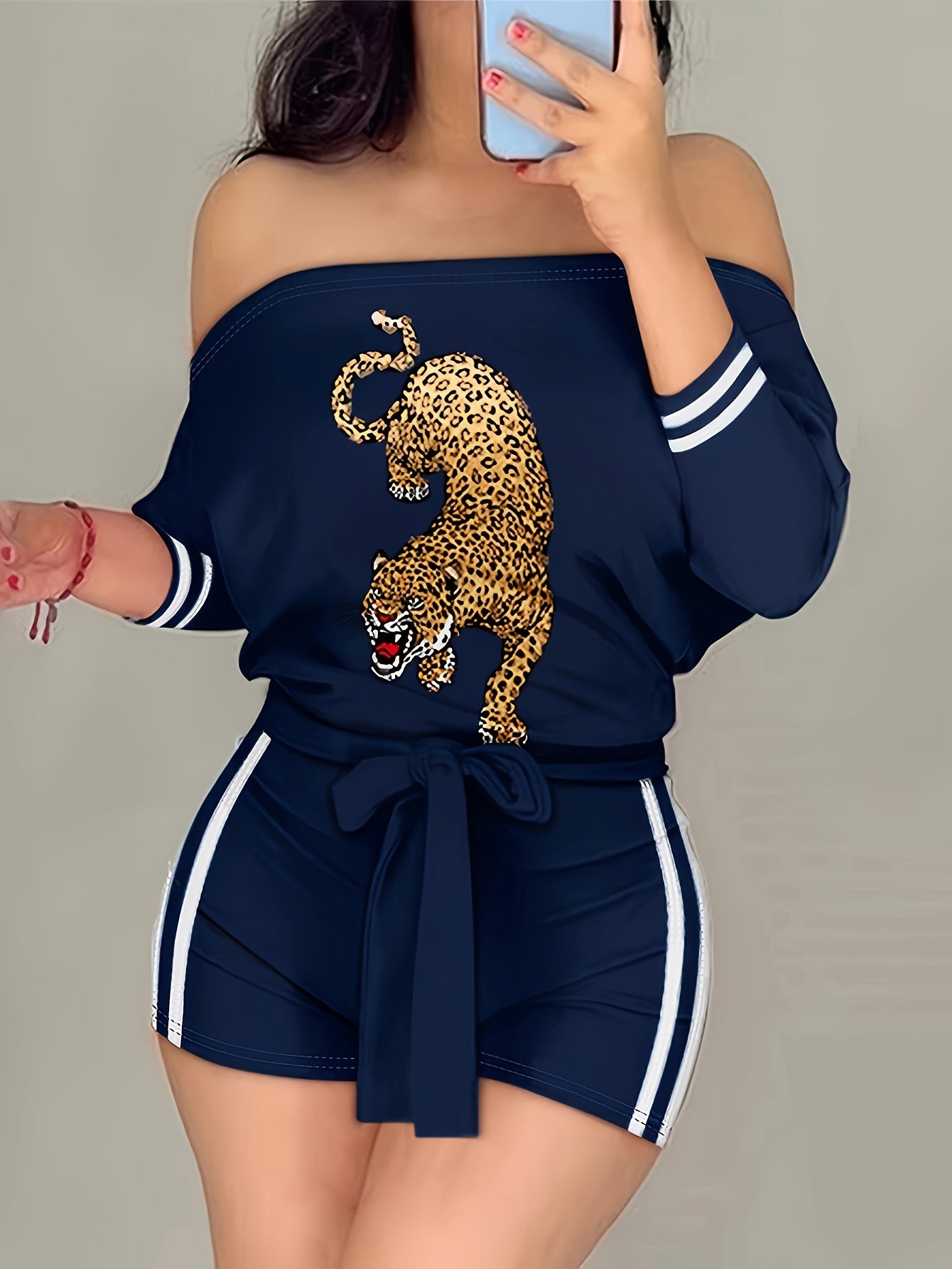 Animal Print Off Shoulder Romper Jumpsuit, Casual Striped Long Sleeve Backless Tie Waist Romper Jumpsuit, Women's Clothing