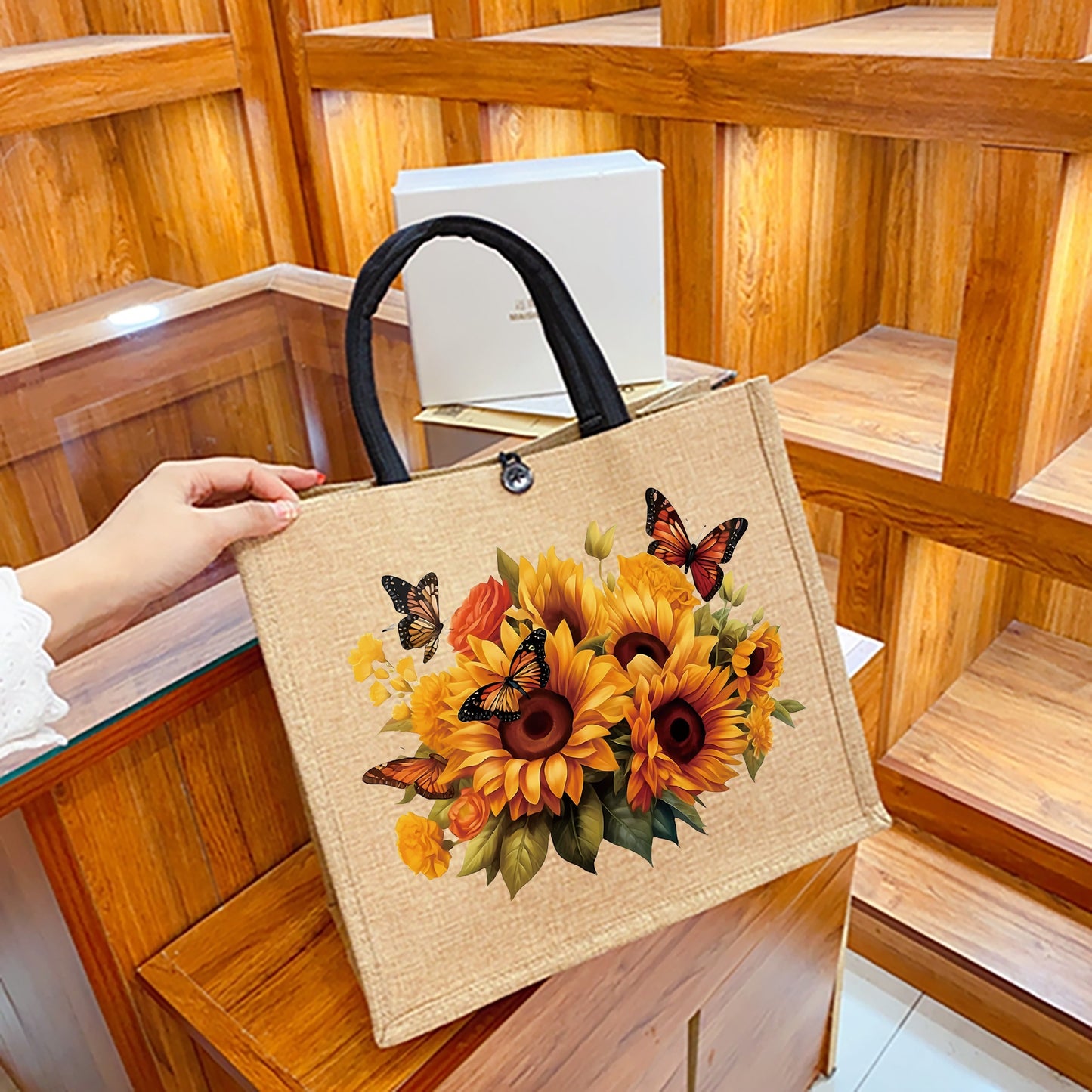 2pcs Sunflower Butterfly Pattern Tote Bag Set, Lightweight Burlap Shopping Bag, Portable Travel Beach Bag With Makeup Bag