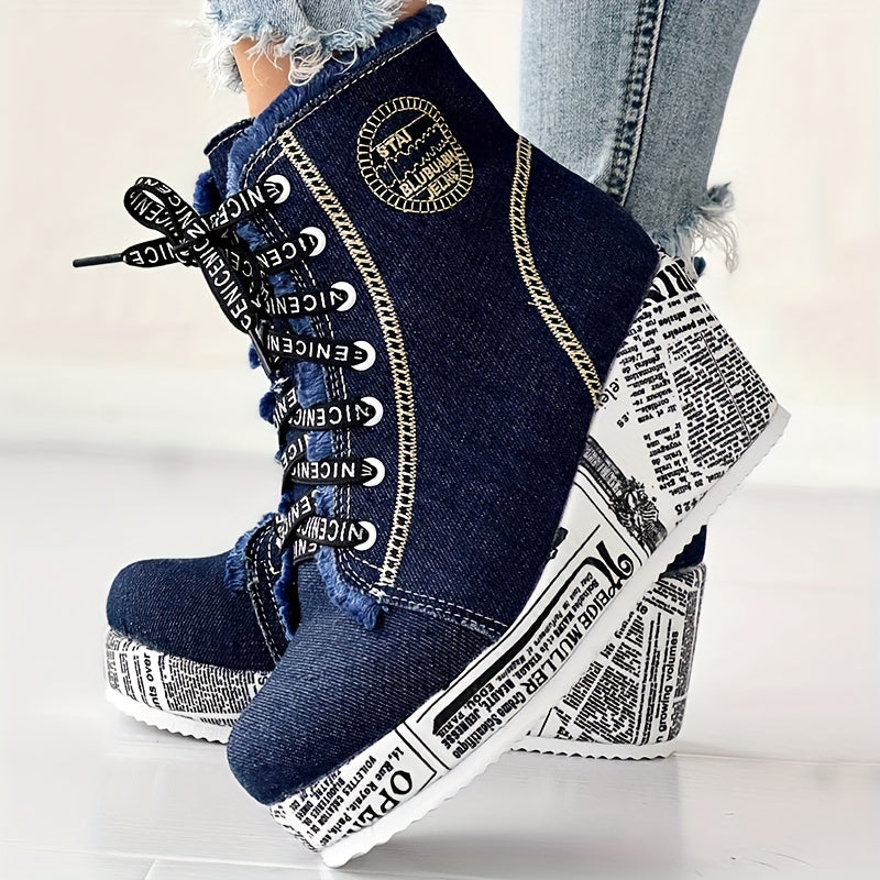 Women's Solid Color Denim Boots, Lace Up Trendy Platform Comfy Shoes, Versatile Round Toe Wedge Shoes