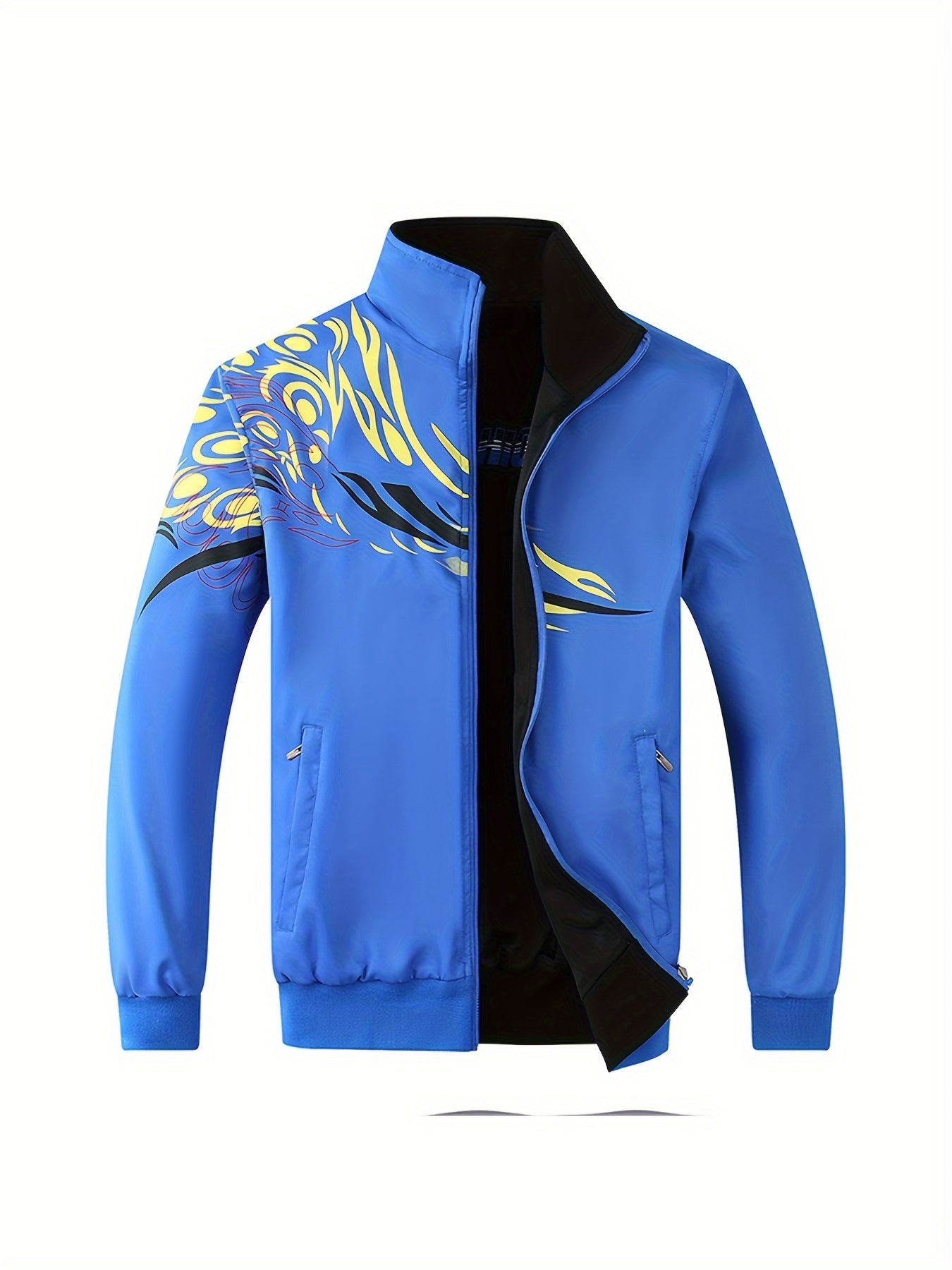 Men's Fashion Athletic Reversible Jacket With Geometric Print - Lightweight Spring/Autumn Stand Collar Jacket With Pockets