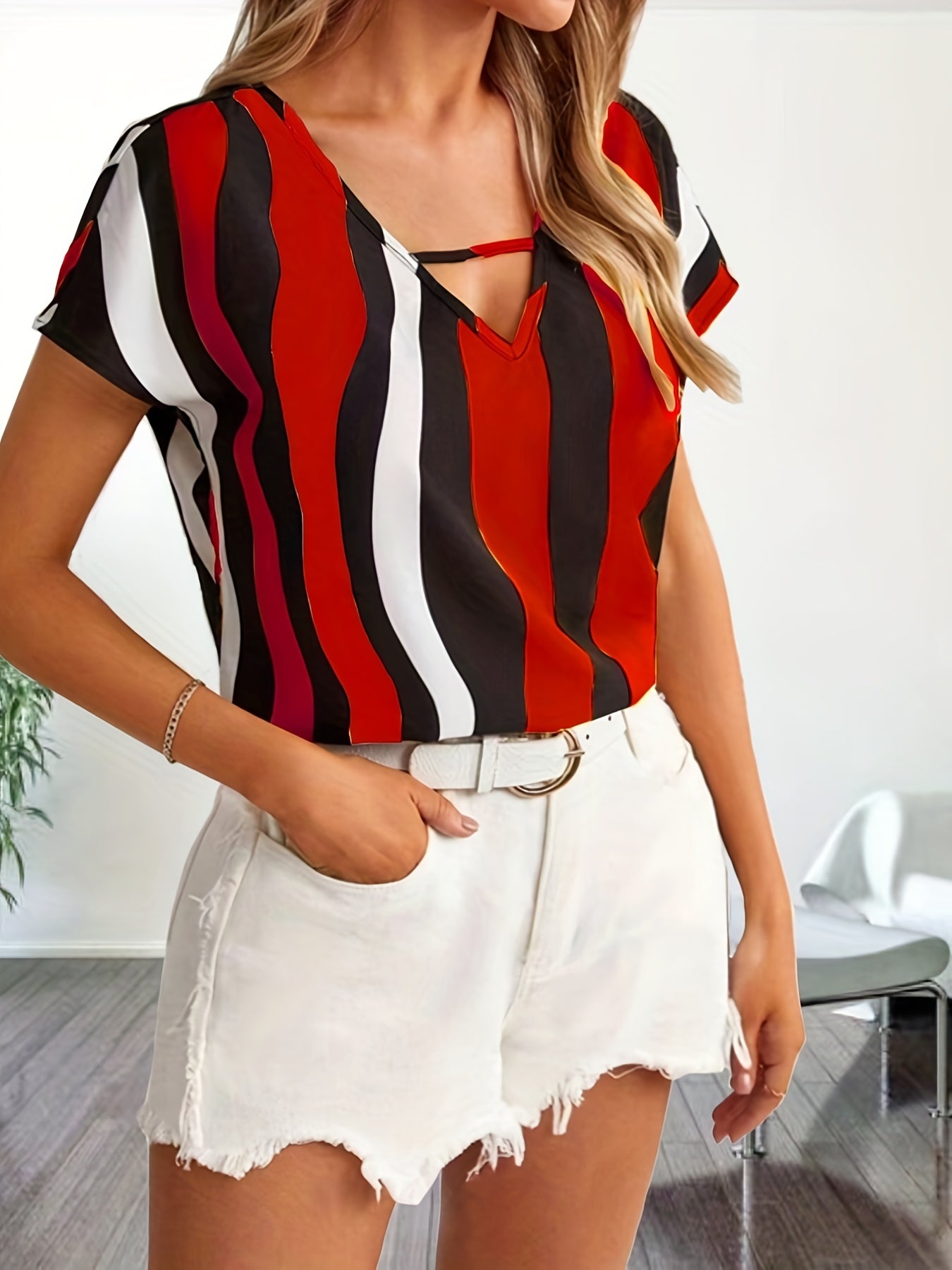 Color Block Striped V Neck Blouse, Elegant Short Sleeve Blouse For Spring & Summer, Women's Clothing