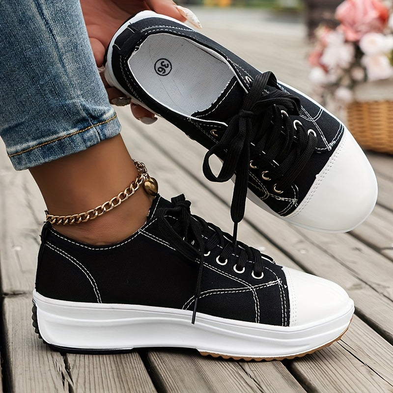 Women's Chunky Canvas Shoes, Non Slip Lace Up Casual Sneakers, Thick Sole Running Sports Shoes