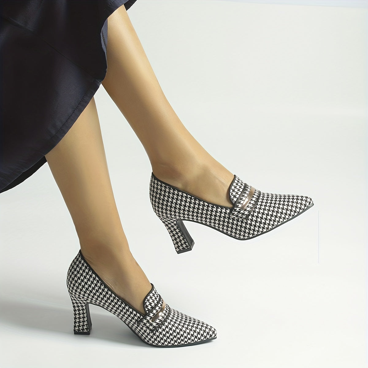 Women's Houndstooth Chunky Heels, Trendy Pointed Toe Slip On High Heels, Versatile Dressy Pumps