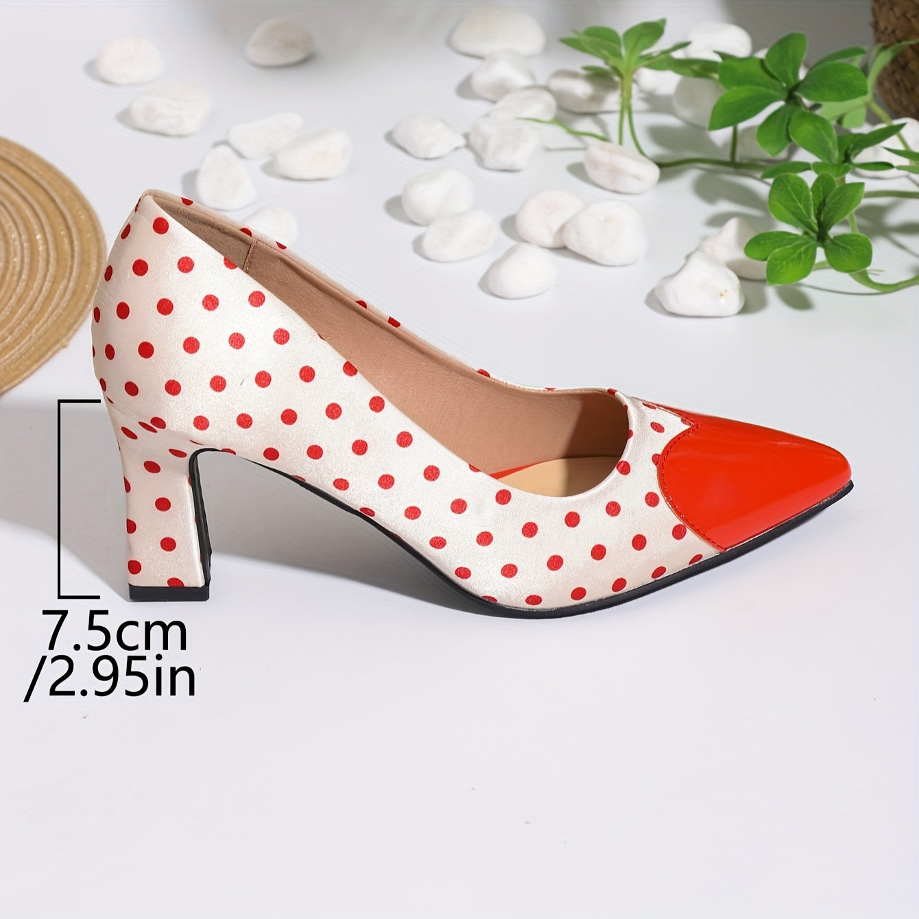 Women's Polka Dot Pumps, Shallow Mouth Slip On Chunky Heel Wedding Shoes, Point Toe Heart Dressy Shoes