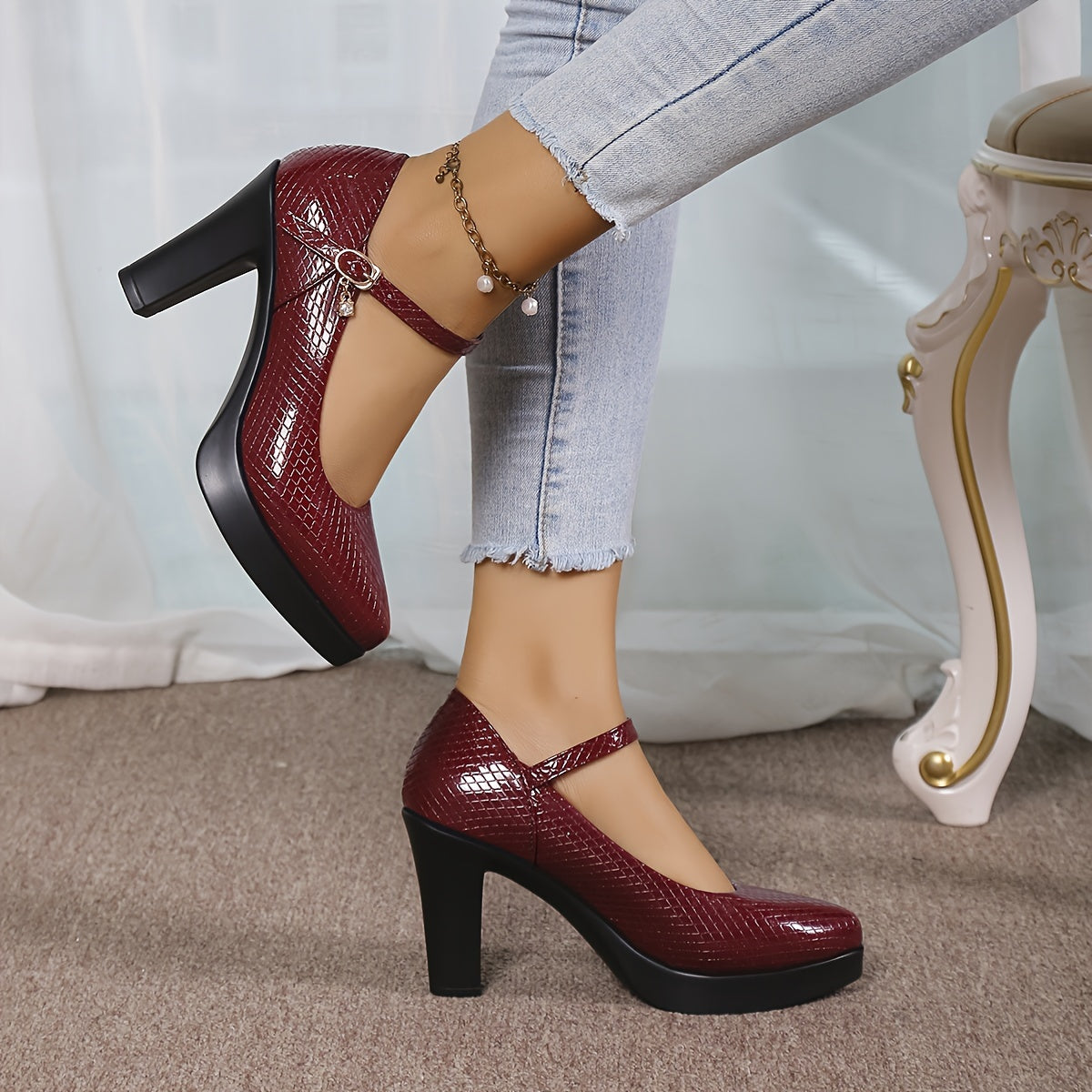 Women's Geometric Pattern Block Heels, Elegant Buckle Strap Dress Pumps, Women's Fashion Heels