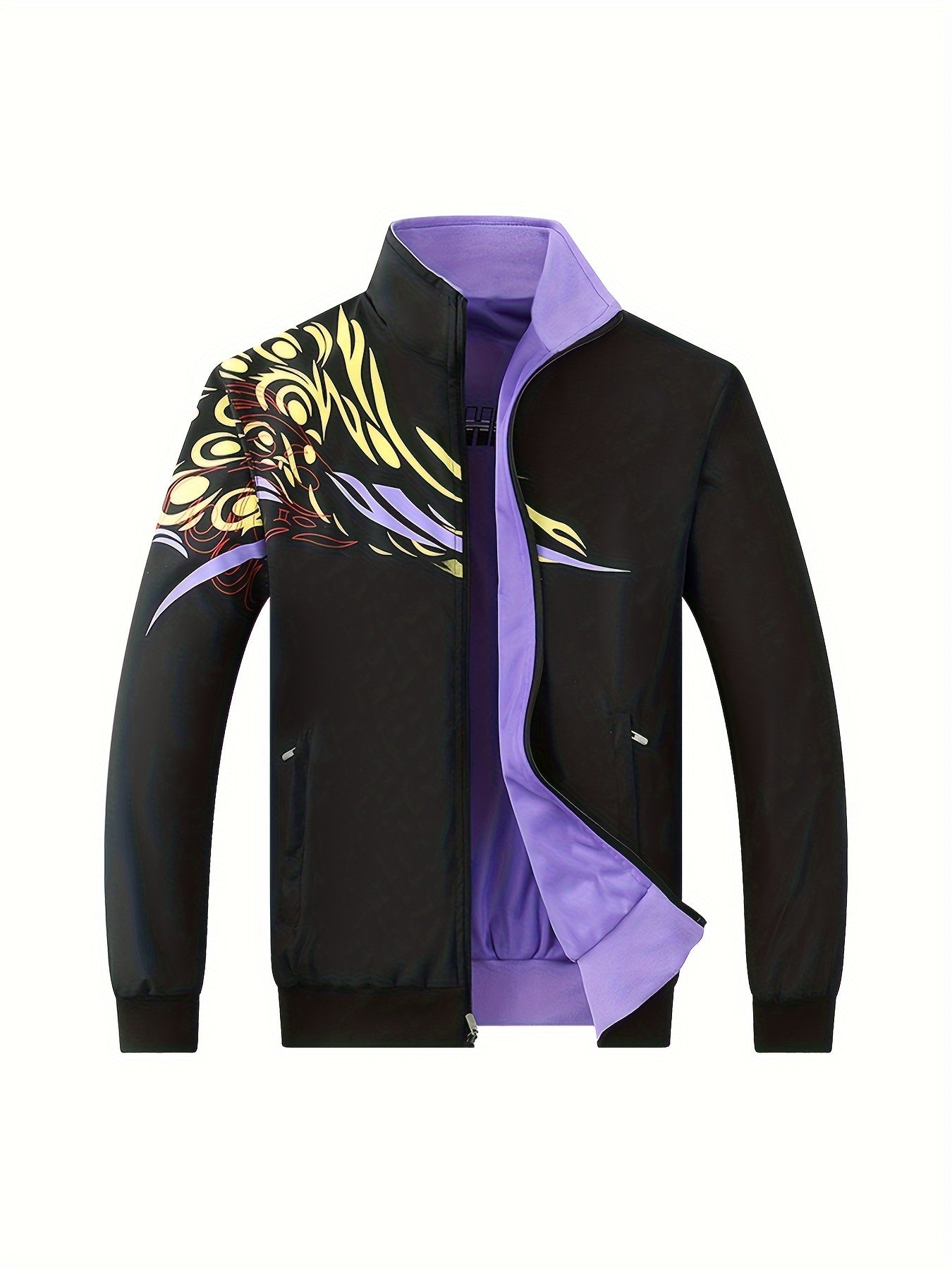 Men's Fashion Athletic Reversible Jacket With Geometric Print - Lightweight Spring/Autumn Stand Collar Jacket With Pockets