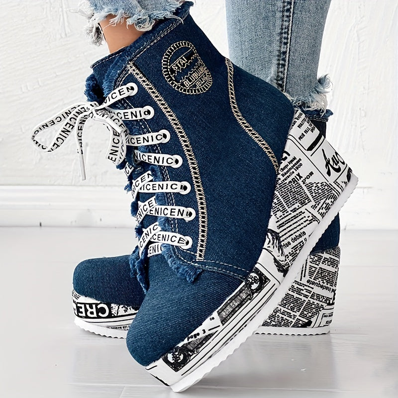 Women's Solid Color Denim Boots, Lace Up Trendy Platform Comfy Shoes, Versatile Round Toe Wedge Shoes