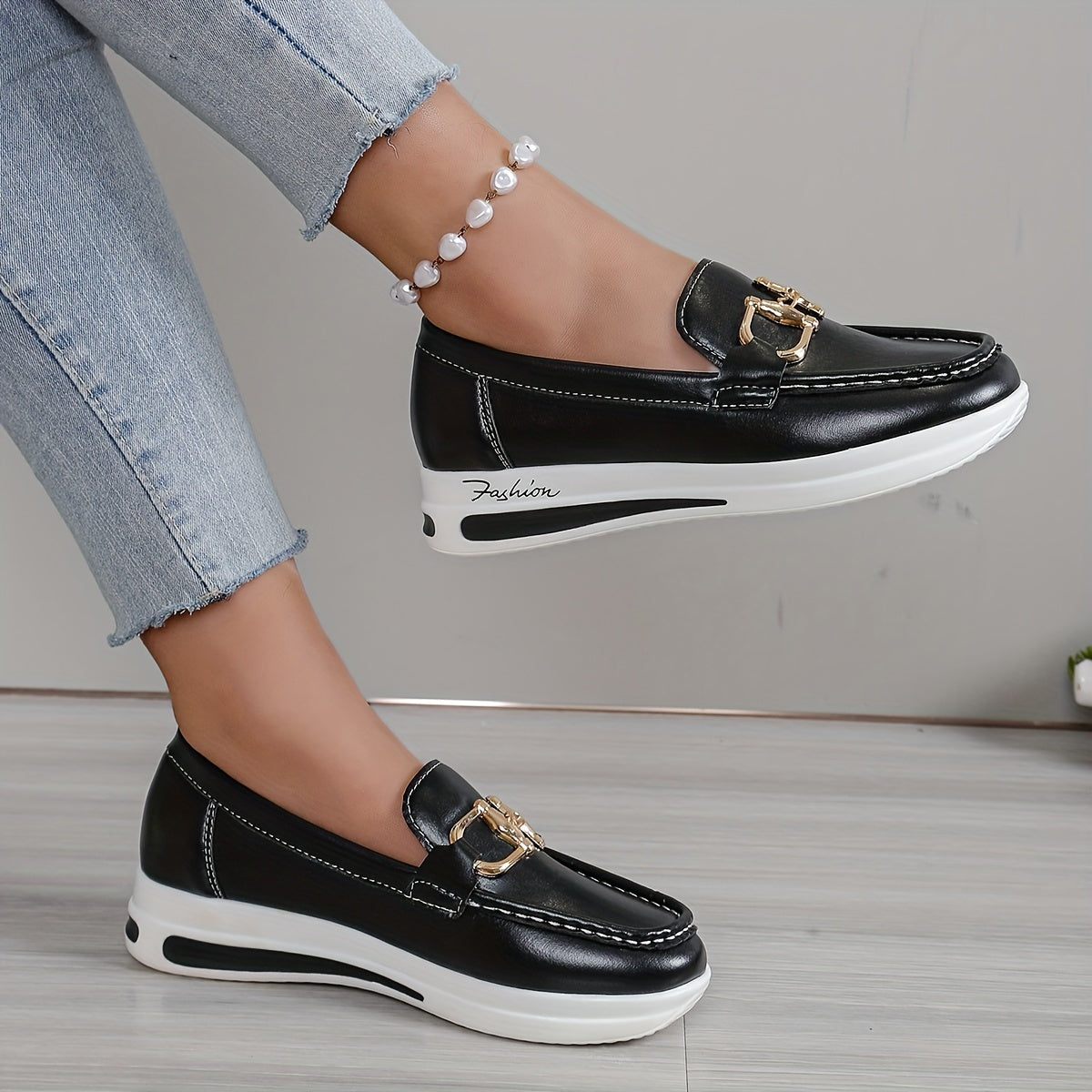 Chic Women's Slip-On Loafers with Metallic Buckle - Comfortable Thick Sole, Round Toe, Solid Color Fashion Shoes for All Seasons